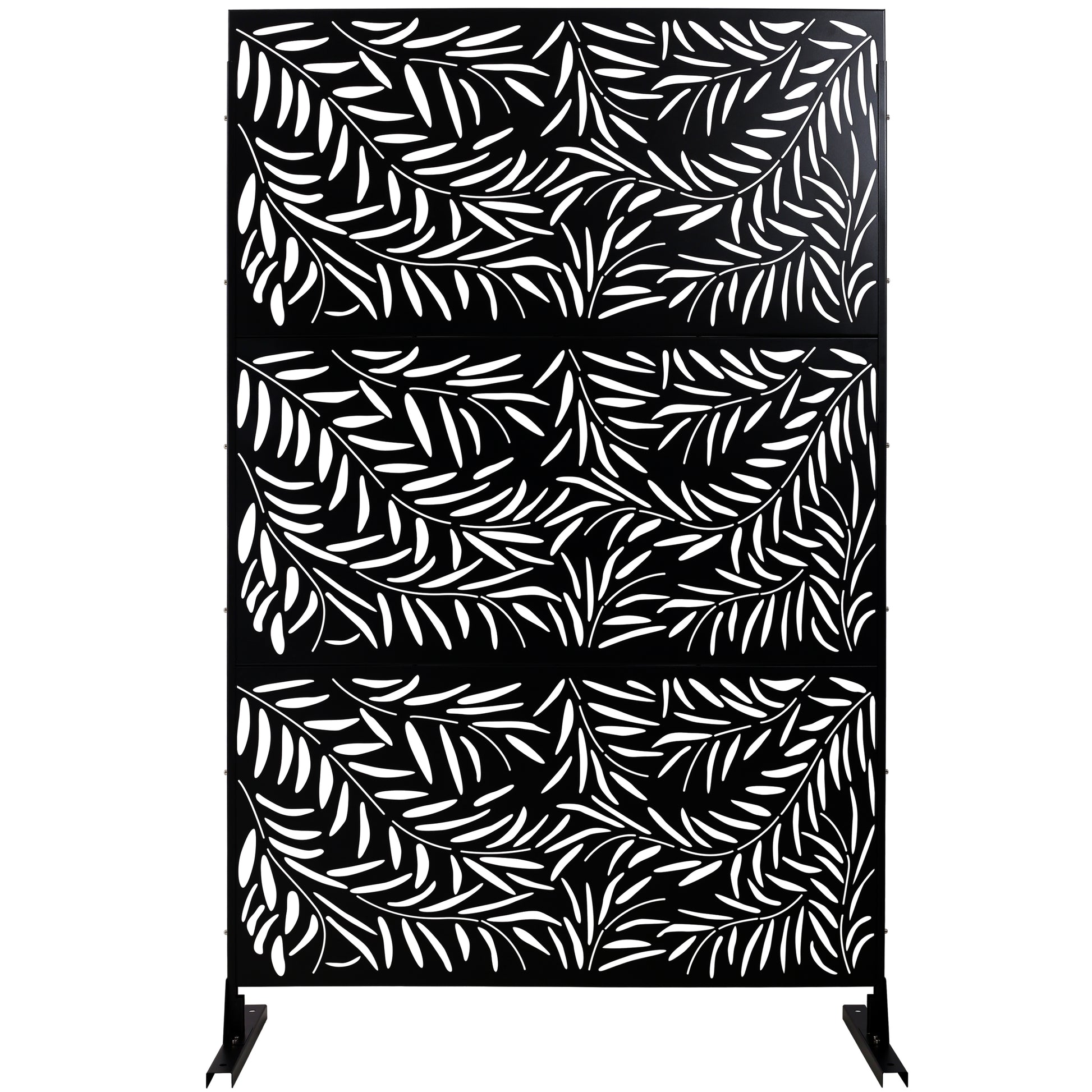 Black metal privacy screen with white leaf pattern