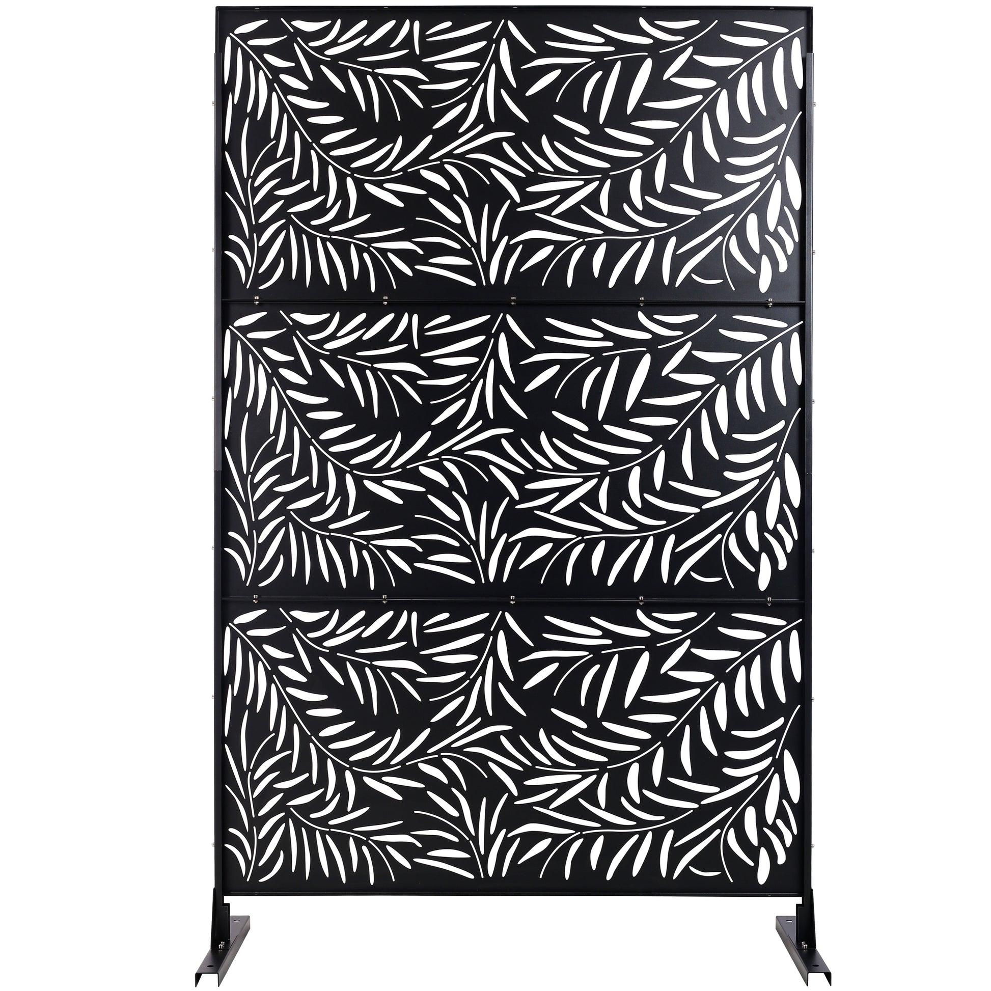 Black metal garden screen with an elegant white leaf pattern