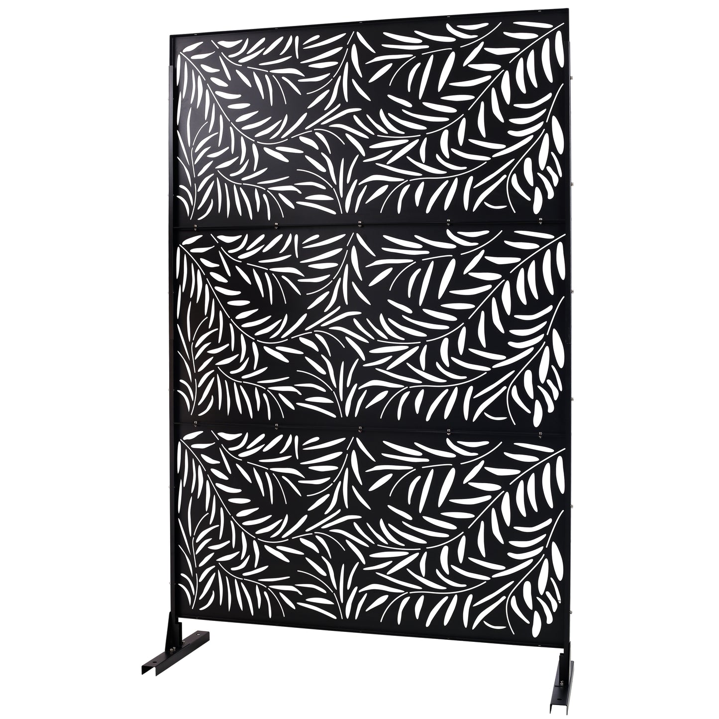 Black metal garden screen with elegant white leaf pattern