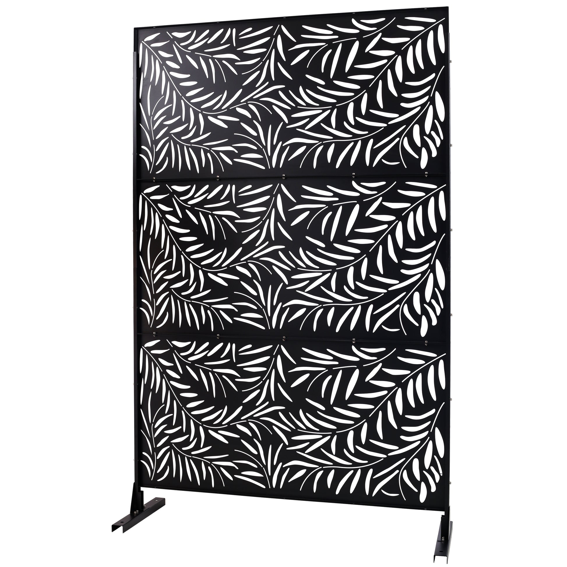 Black metal garden screen with elegant white leaf pattern
