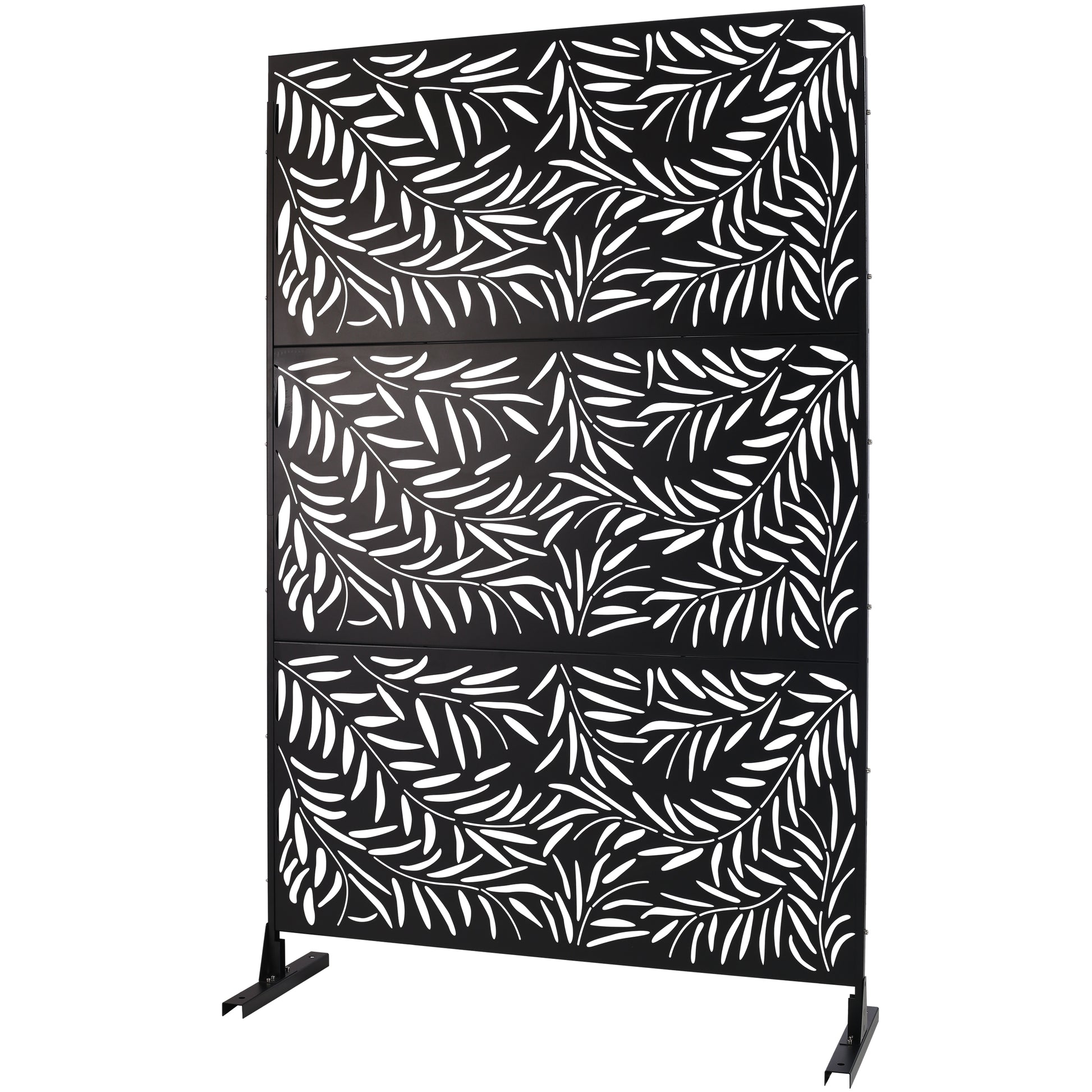 Black metal privacy screen with white leaf cutouts ideal for garden dividers