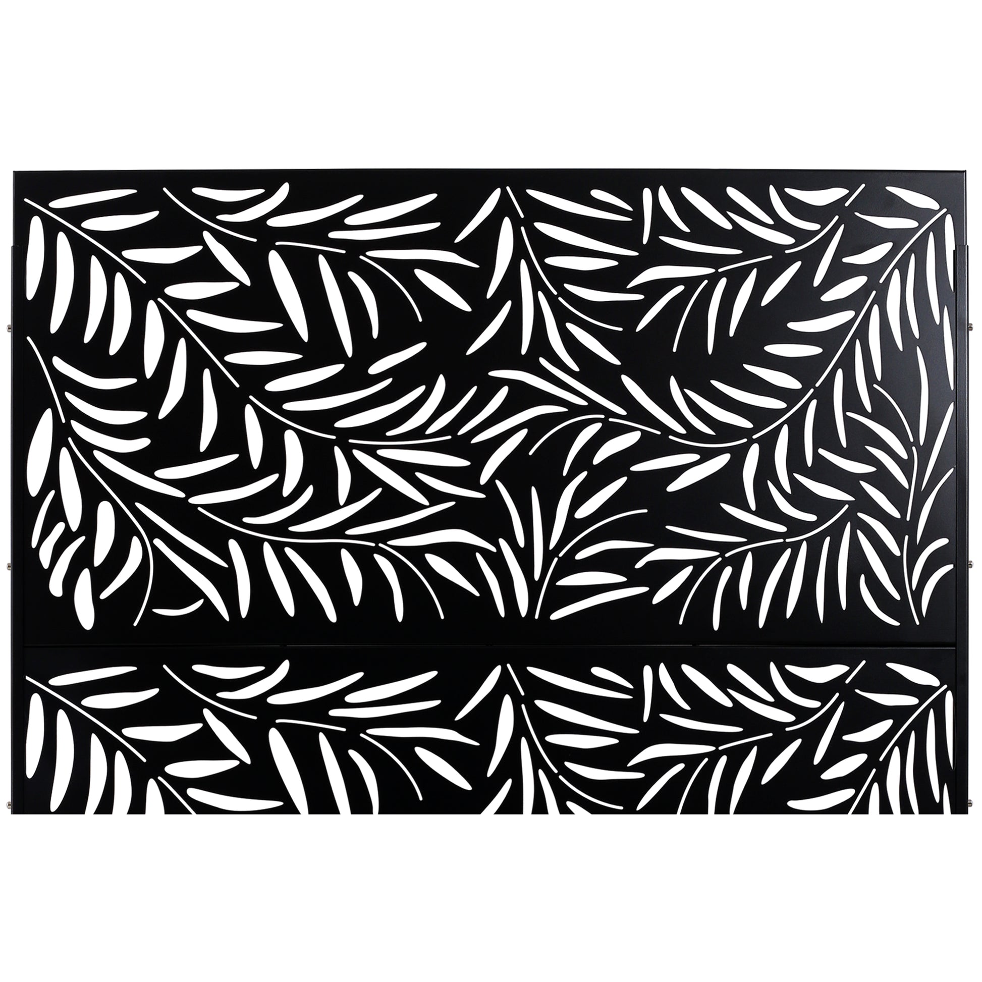Black metal garden screen with an elegant white leaf vine pattern