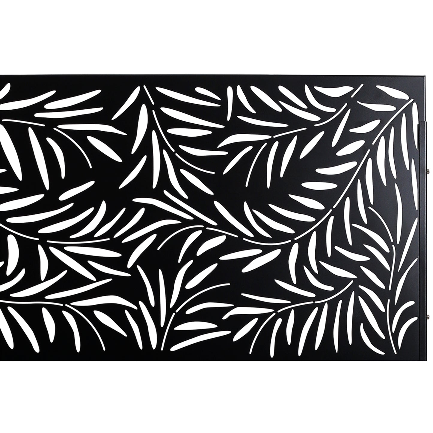Black metal privacy screen with white abstract leaf pattern for garden use