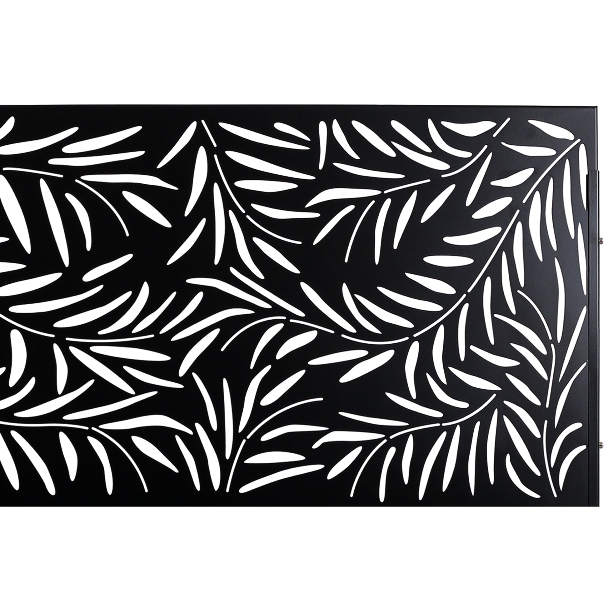 Black metal privacy screen with white abstract leaf pattern for garden use