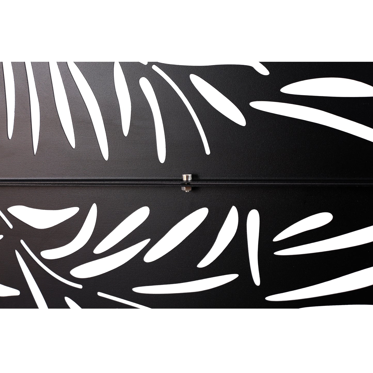 Black metal fire pit screen with abstract leaf cutouts and a central bolt