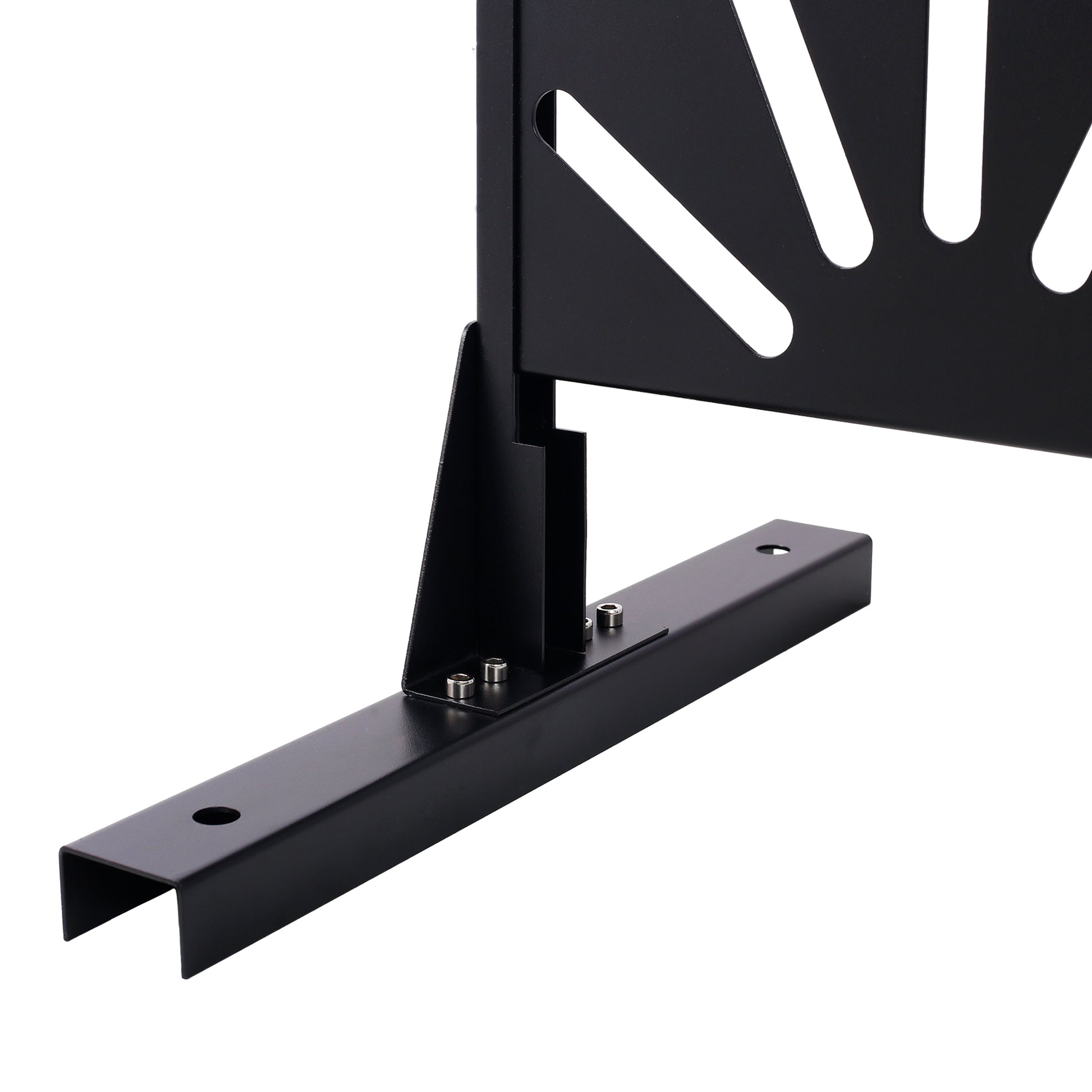 Black metal bracket with slotted decorative design and Ushaped base plate