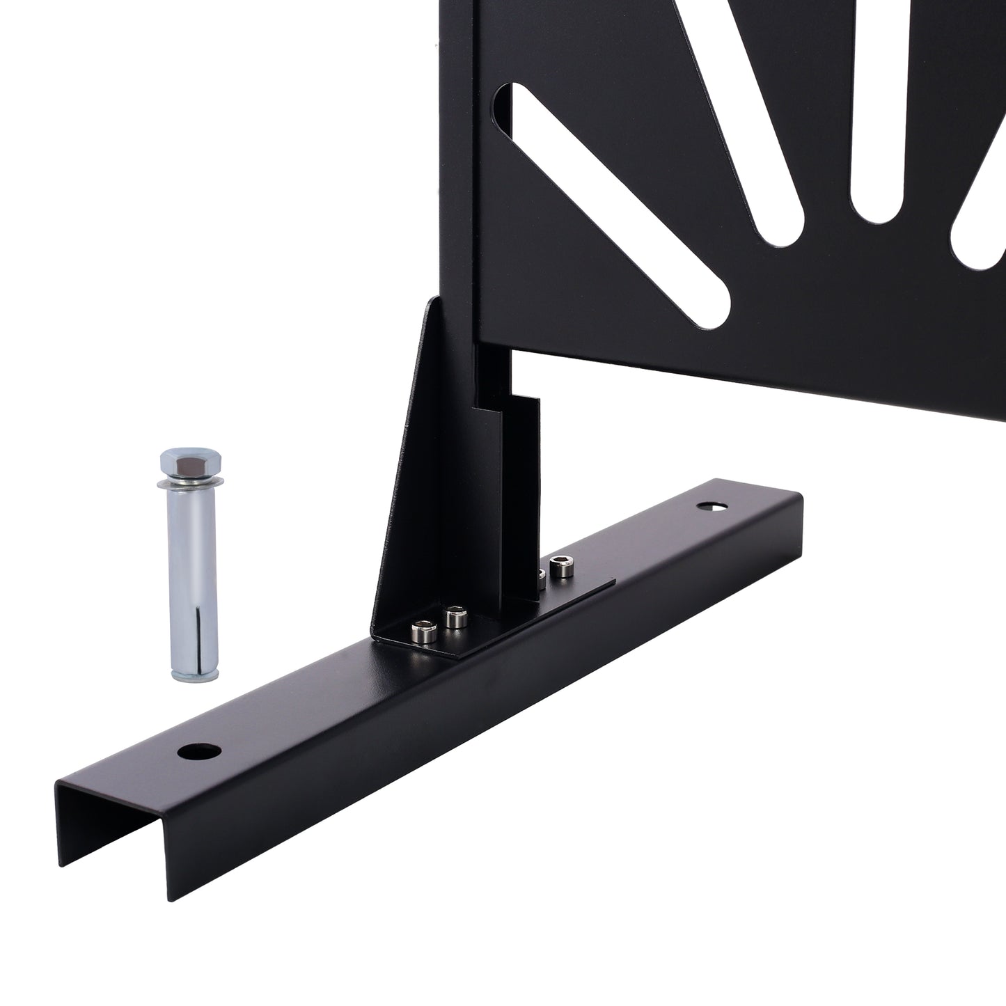 Black metal bracket with sunburst cutouts and included expansion bolt for secure mounting