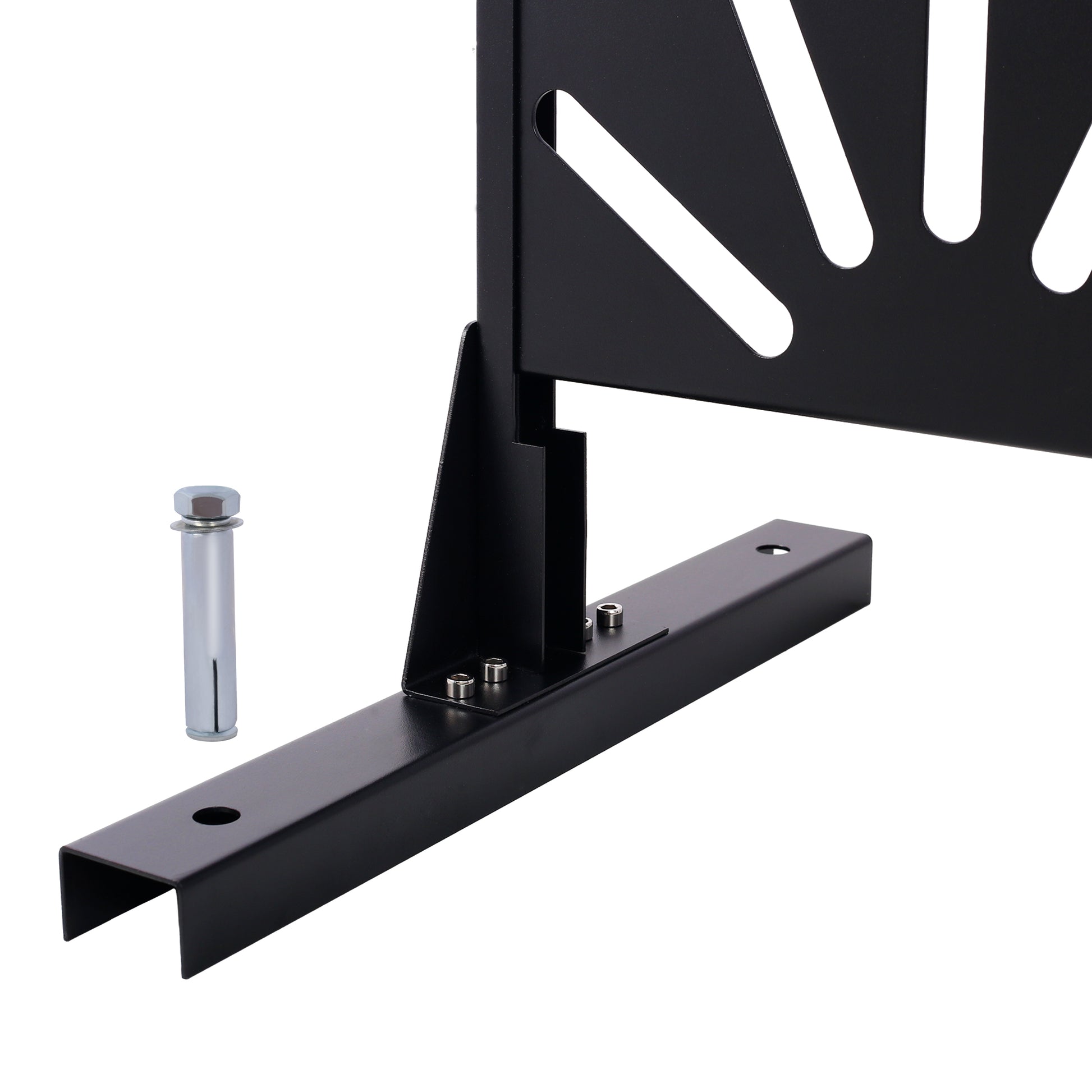 Black metal bracket with sunburst cutouts and included expansion bolt for secure mounting