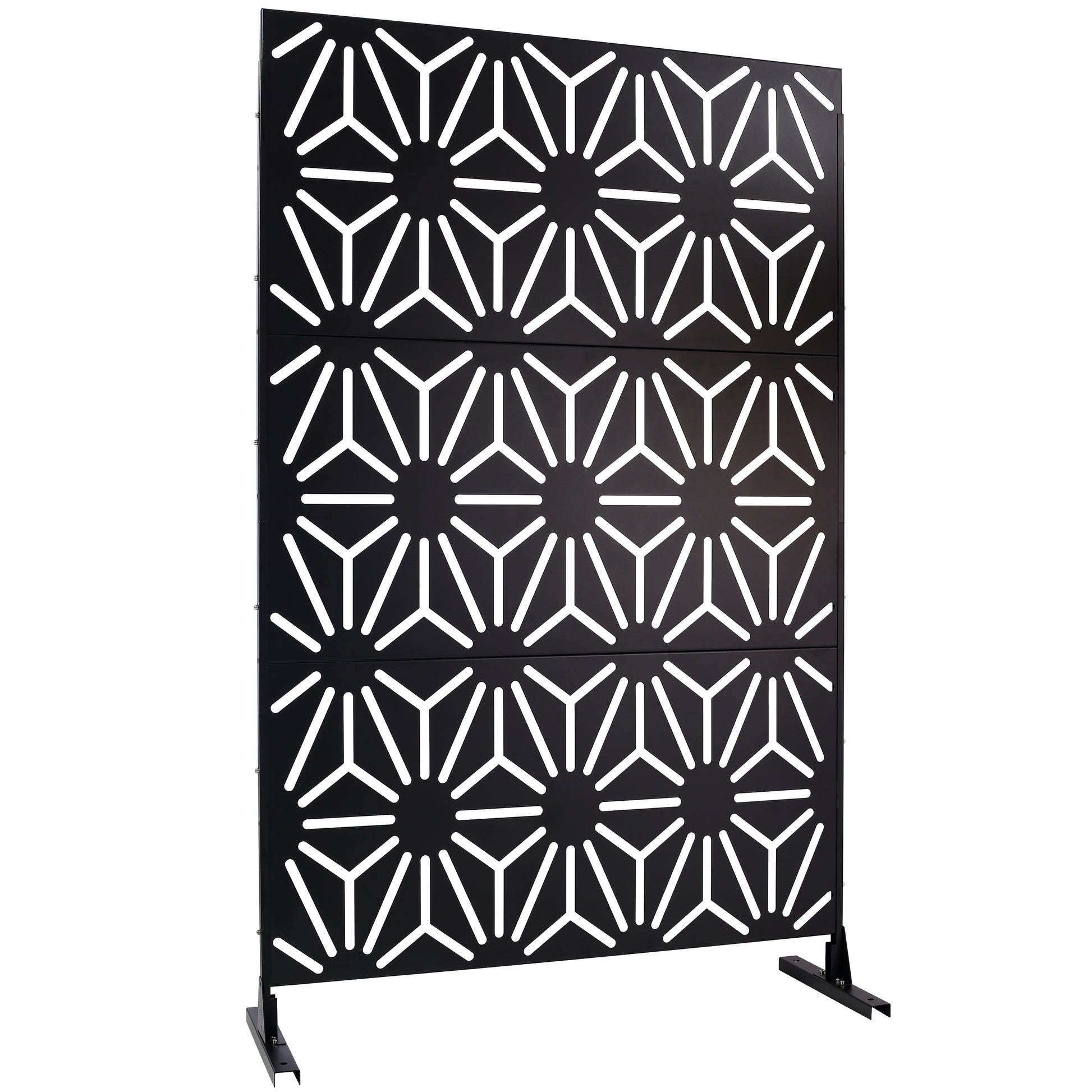 Black decorative privacy screen with geometric pattern  panels outdoor use