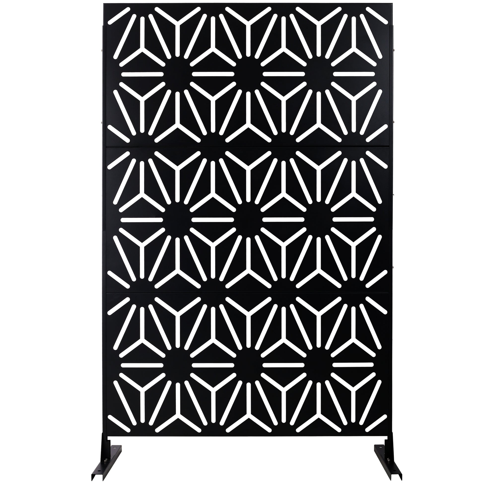 Black metal decorative screen with geometric starburst pattern for garden privacy