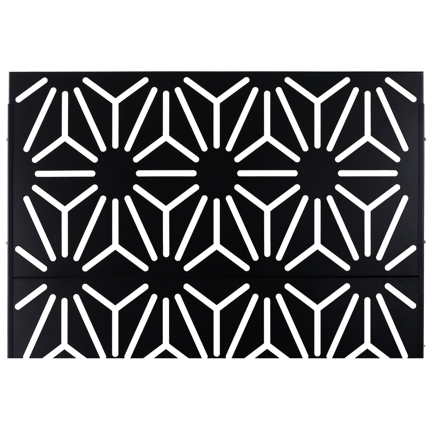 Black metal grate with geometric sunburst cutout pattern cm wide