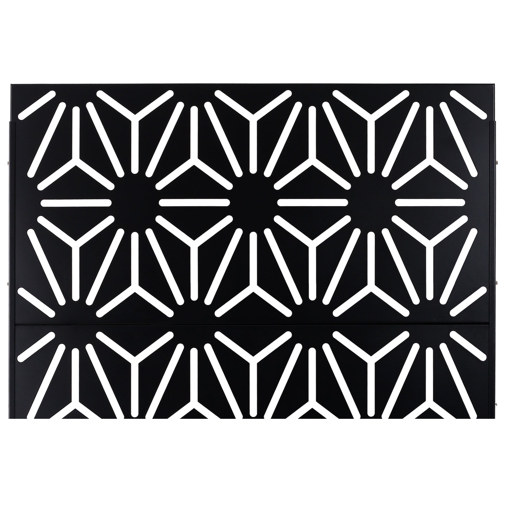 Black metal grate with geometric sunburst cutout pattern cm wide