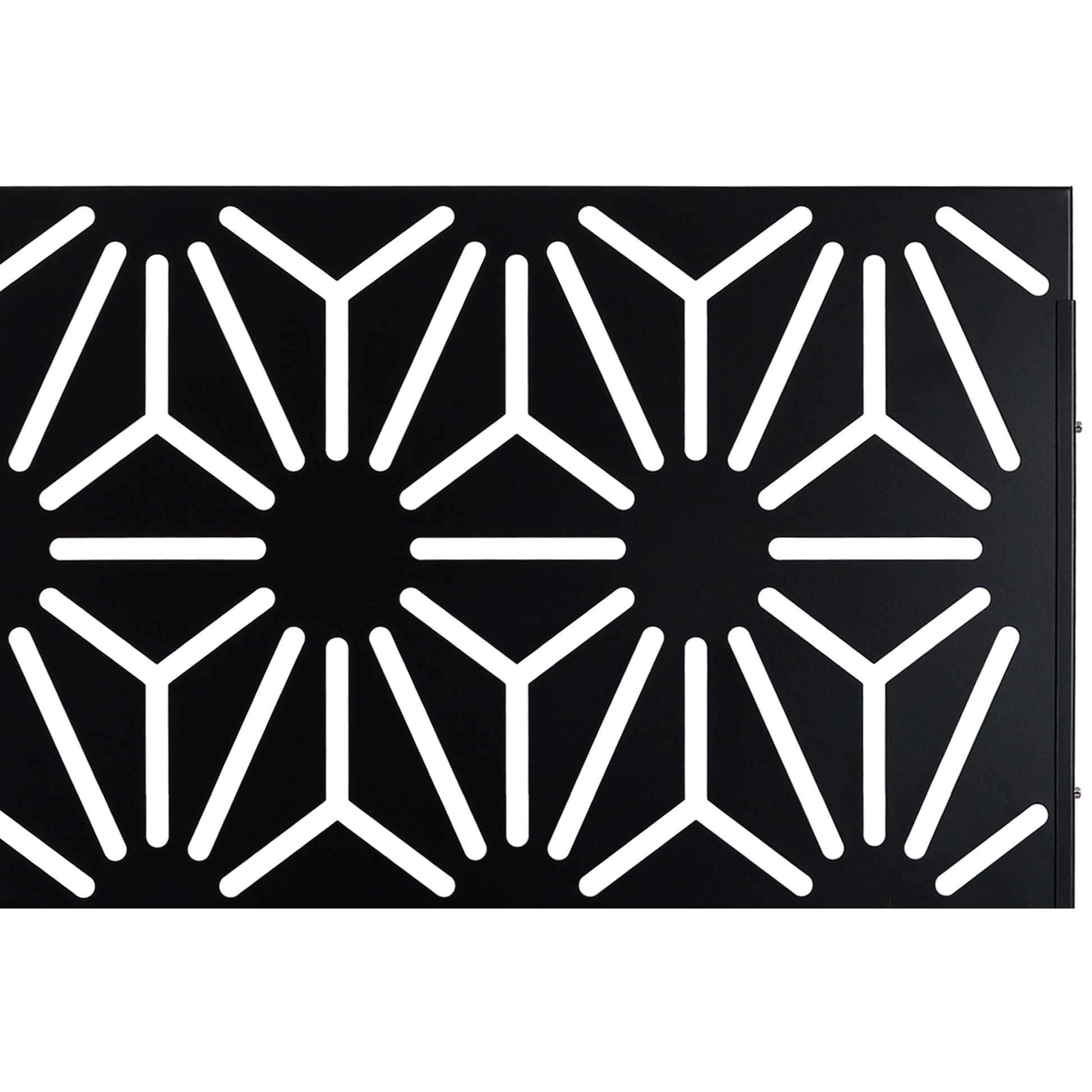 Black metal ventilation grate with geometric hexagonal cutout pattern