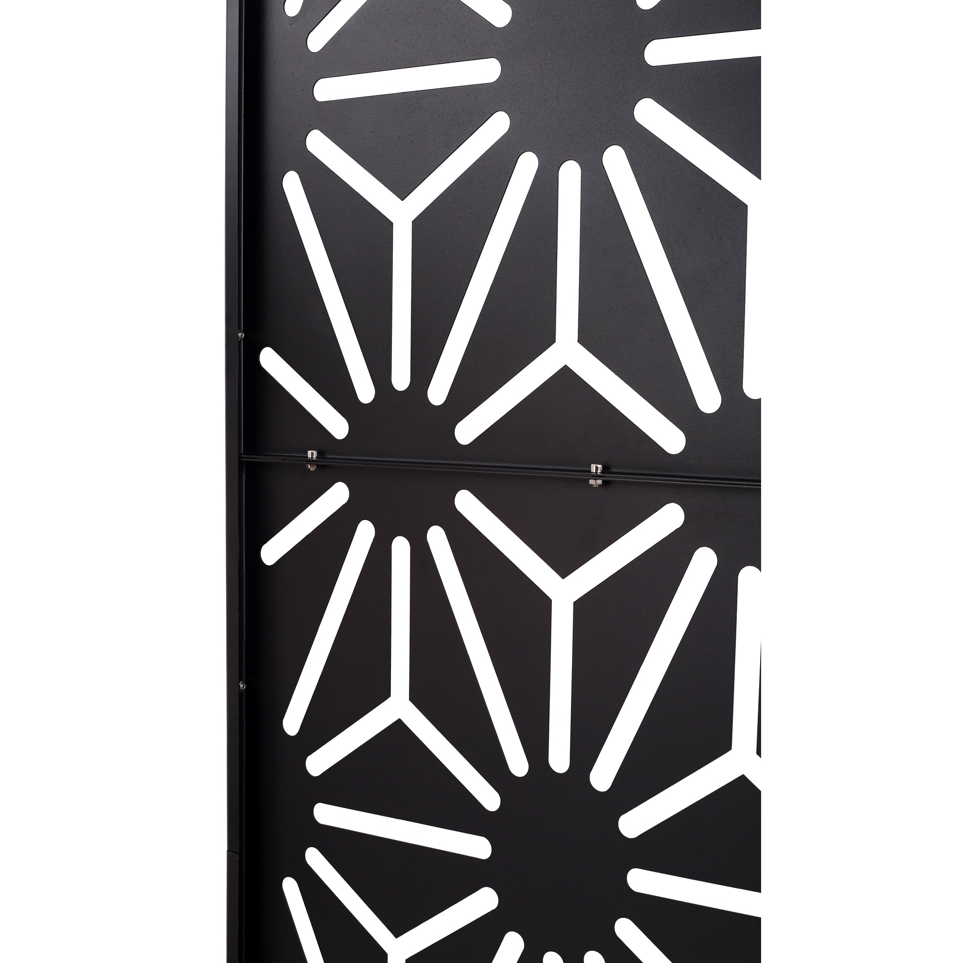 Black metal decorative screen with white geometric pattern