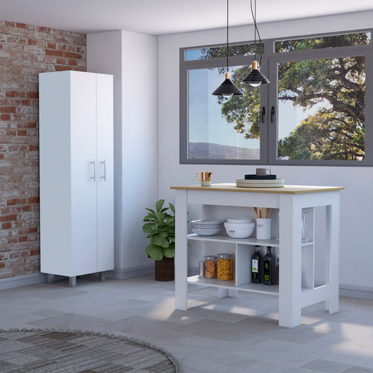 TREATLIFE HOME 9-Shelf 2-Door Kitchen Set with Island and Pantry, White and Light Oak Finish