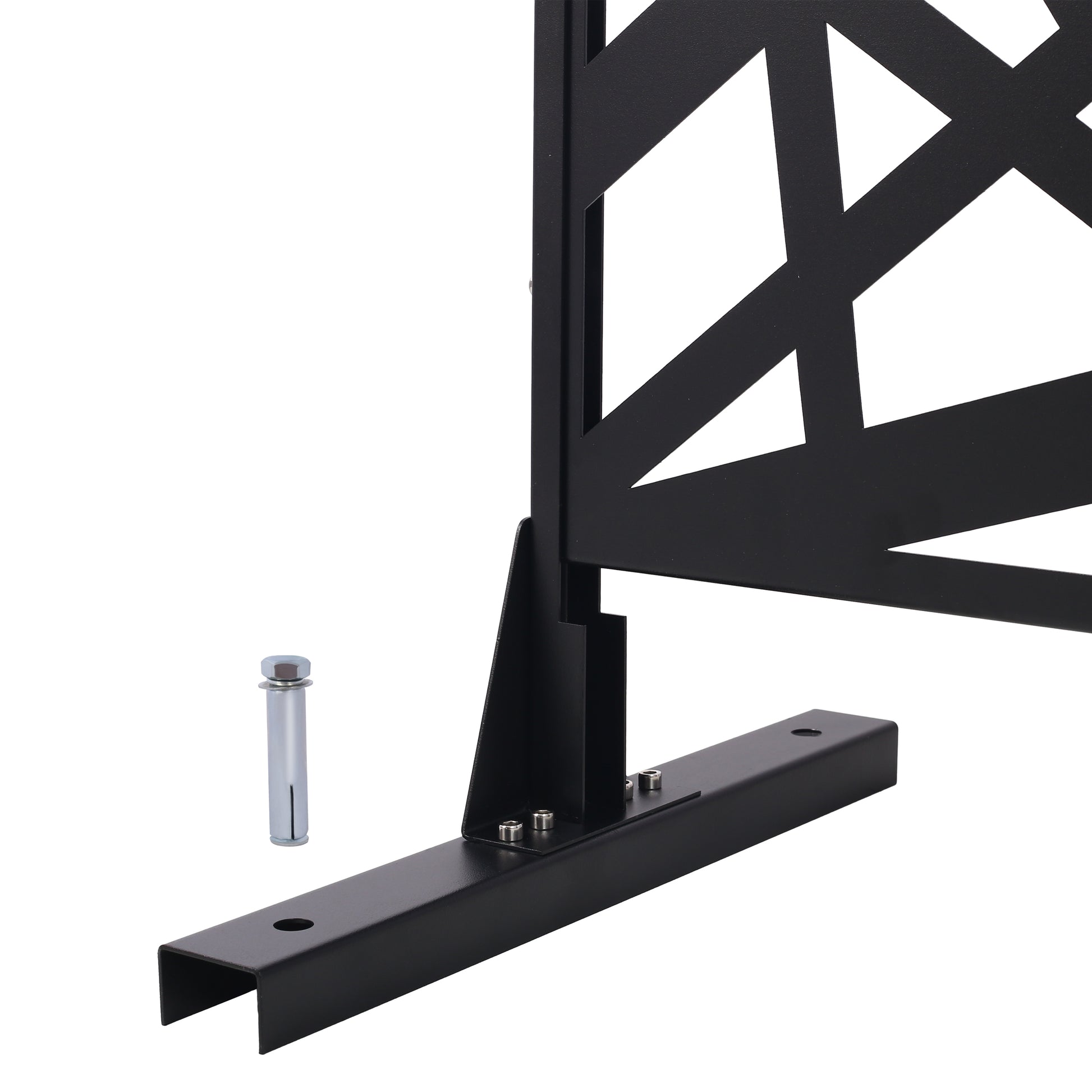 Black metal garden screen base with geometric pattern and anchor bolt accessory