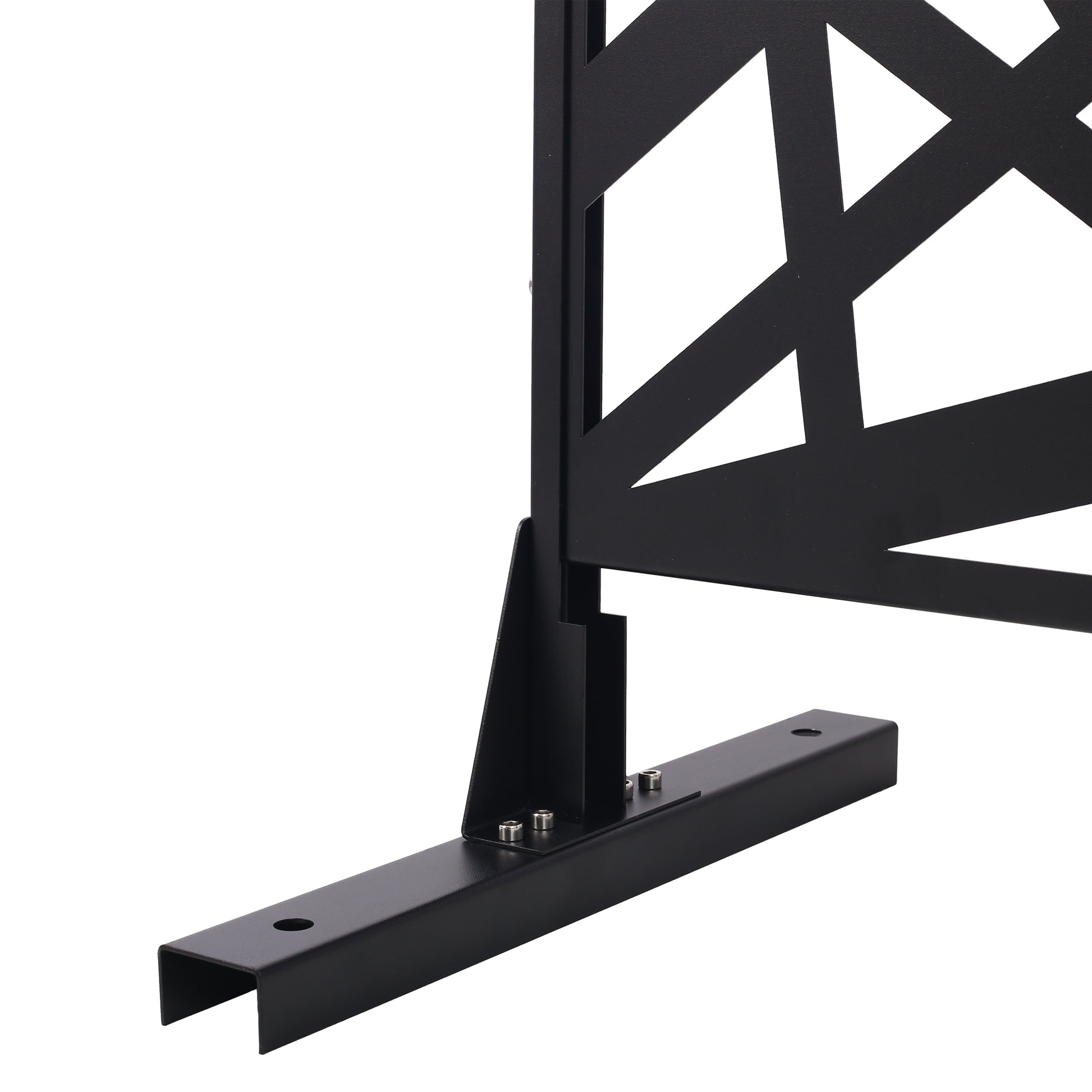 Black metal privacy screen base with geometric cutout pattern