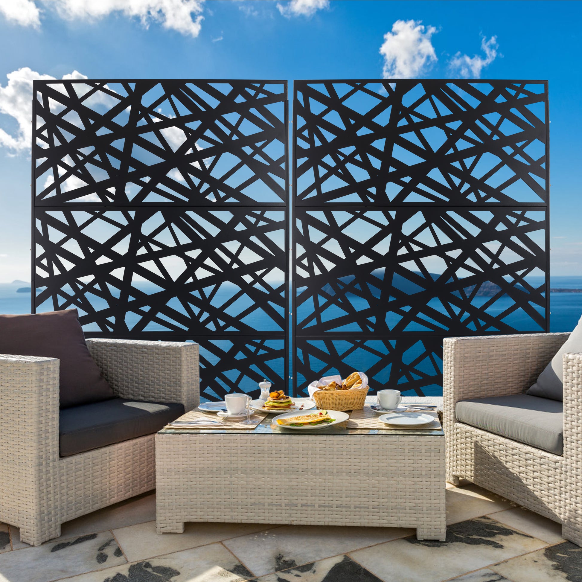 Black lasercut patio screen panels with abstract geometric design