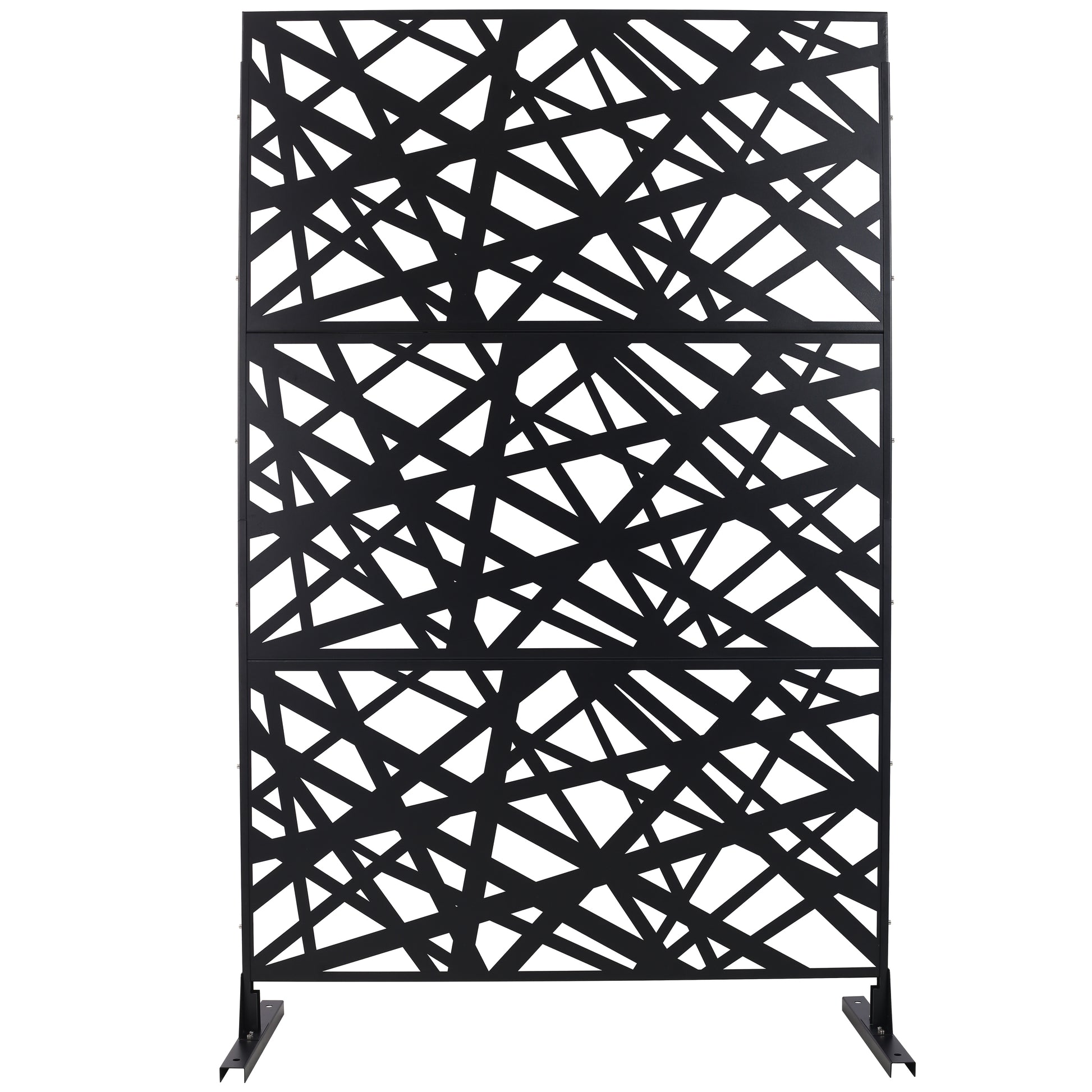 Black metal outdoor privacy screen with abstract geometric pattern