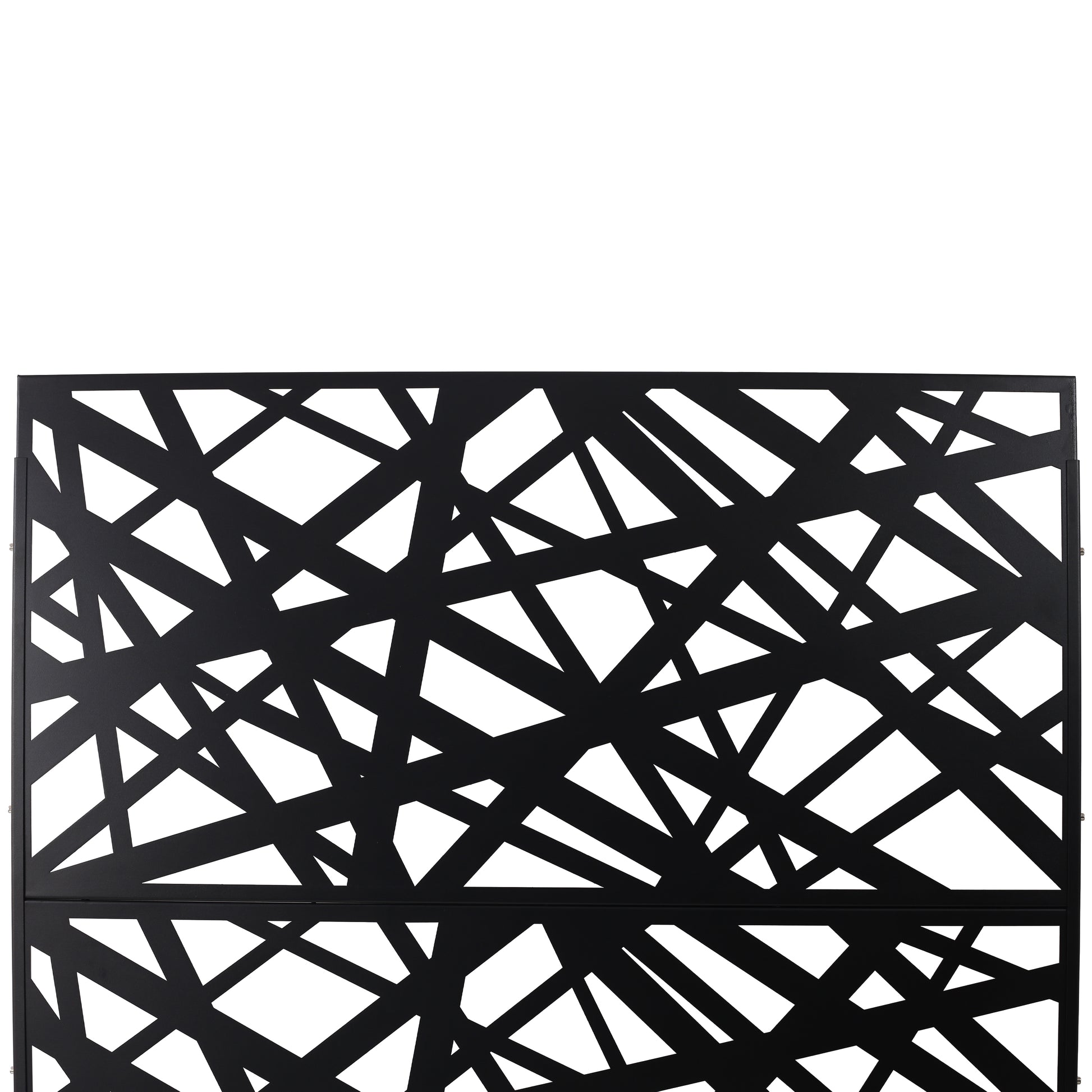Black metal garden screen with abstract geometric cutouts ideal for decorative fencing
