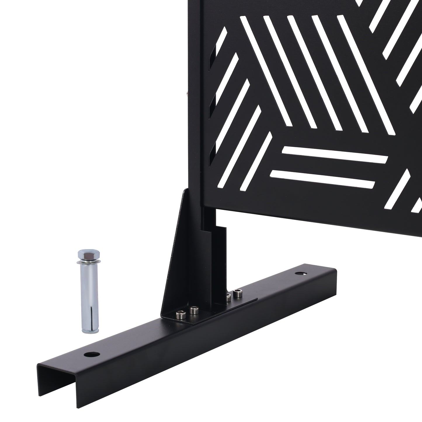 Black metal privacy screen panel with geometric cutouts and base mount hardware
