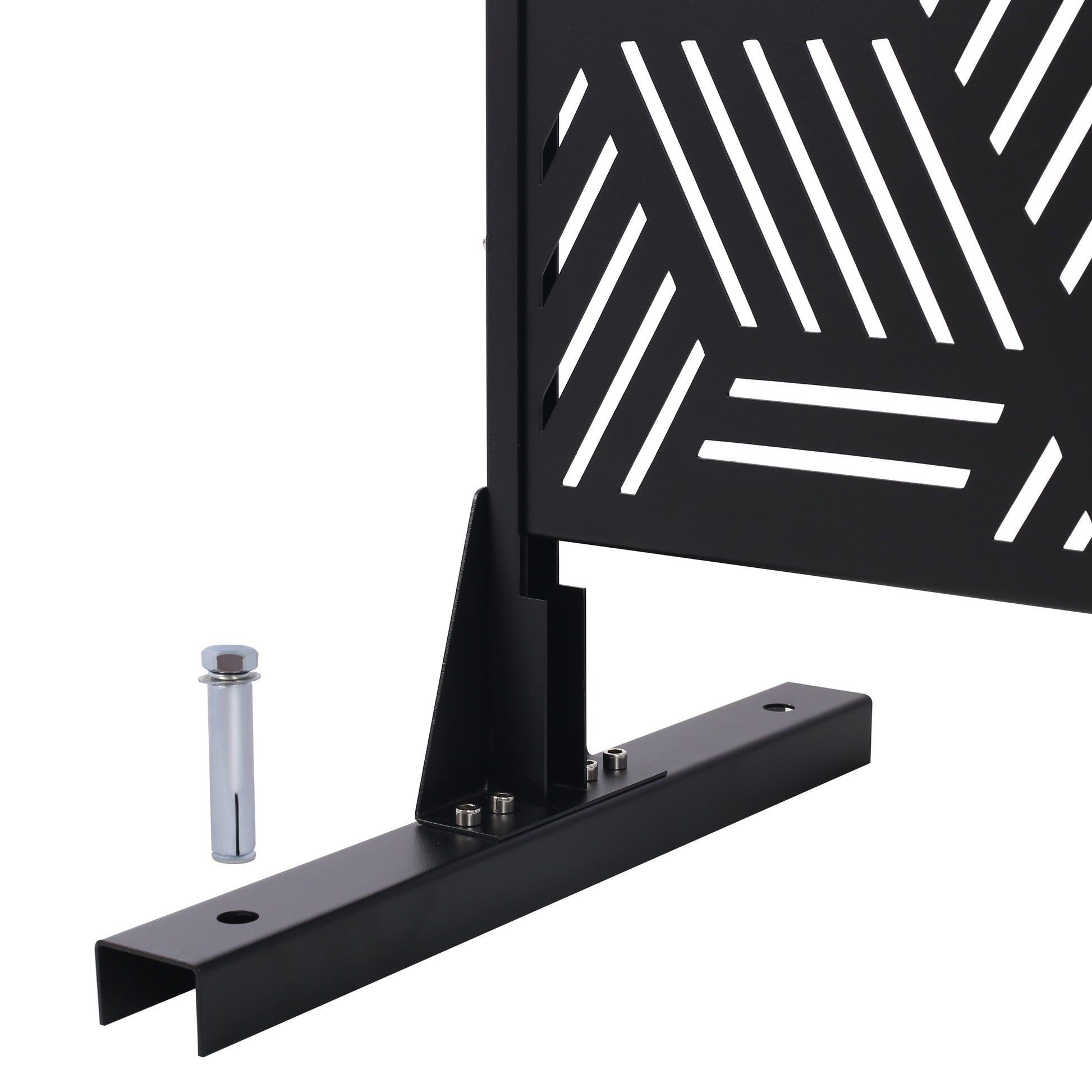 Black metal privacy screen panel with geometric cutouts and base mount hardware
