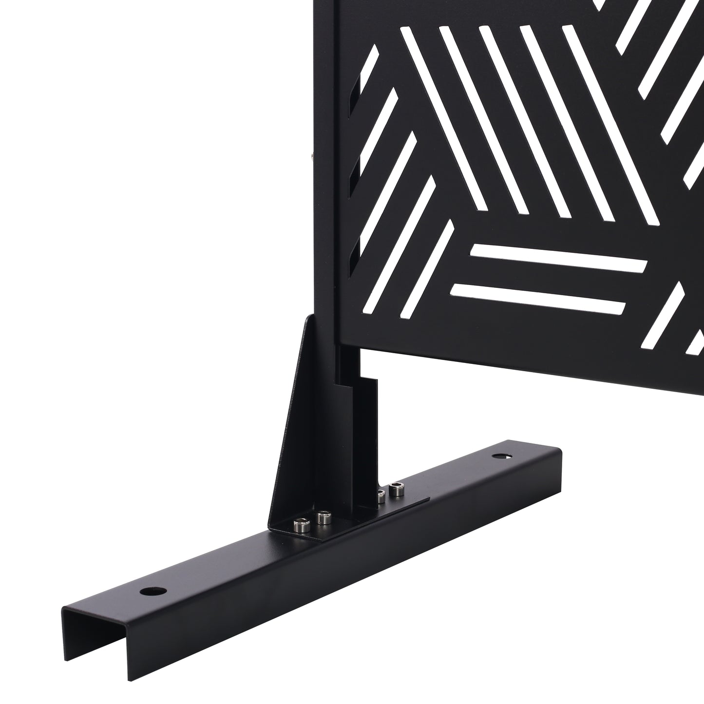 Black metal garden screen with abstract geometric cutouts and sturdy base