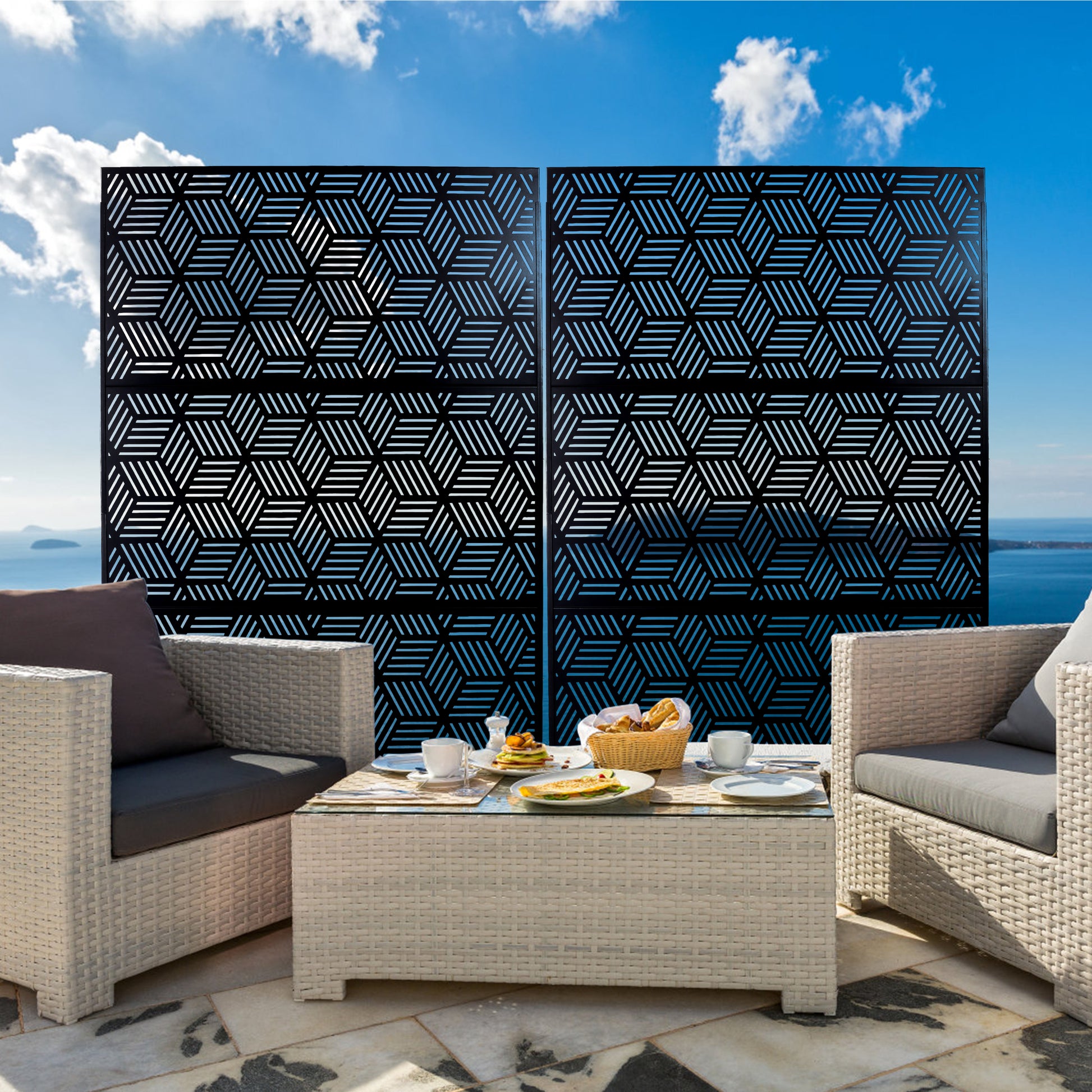 Black metal privacy screen with geometric cube pattern for patio decor