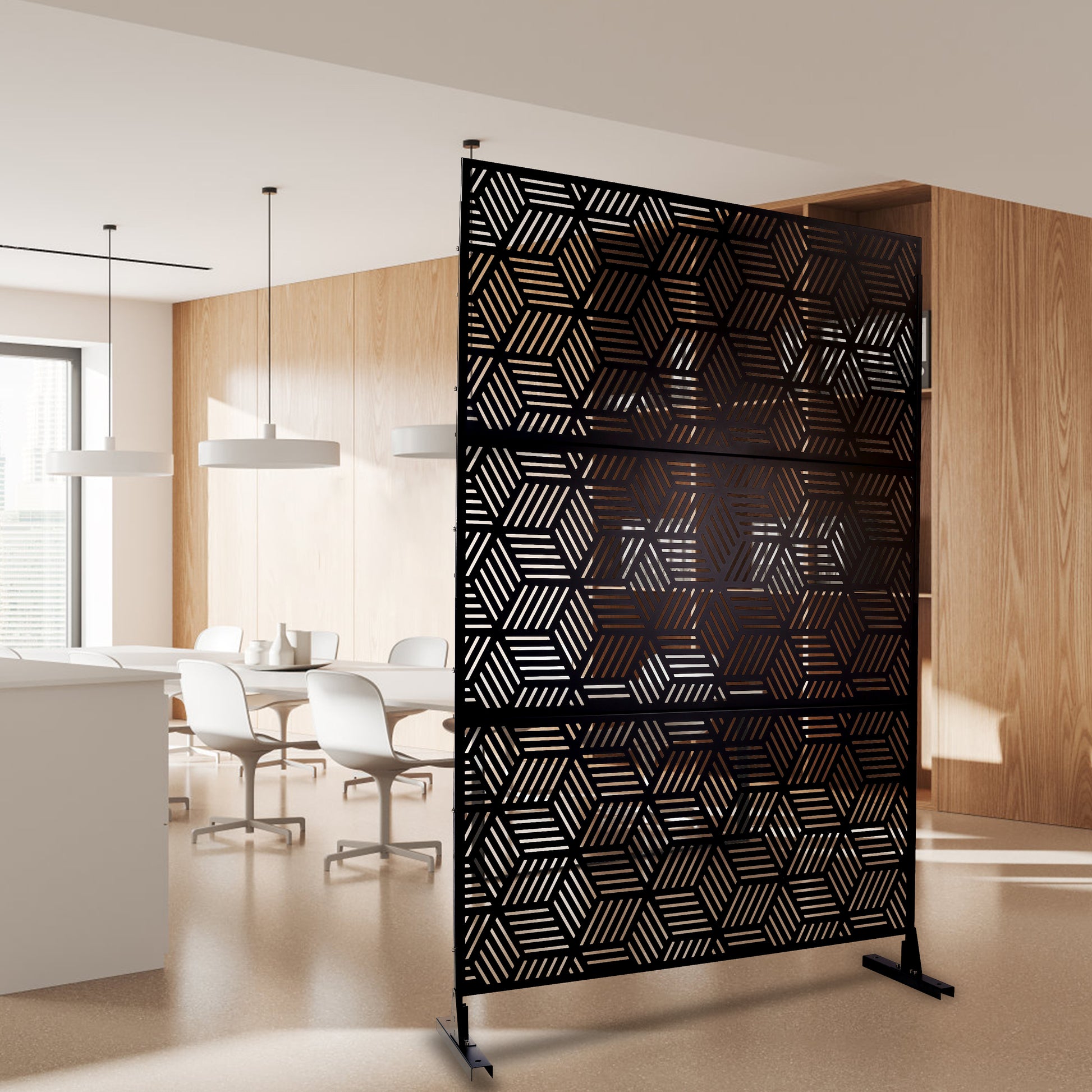 Black geometric metal room divider with modern honeycomb pattern and stable base for home decor