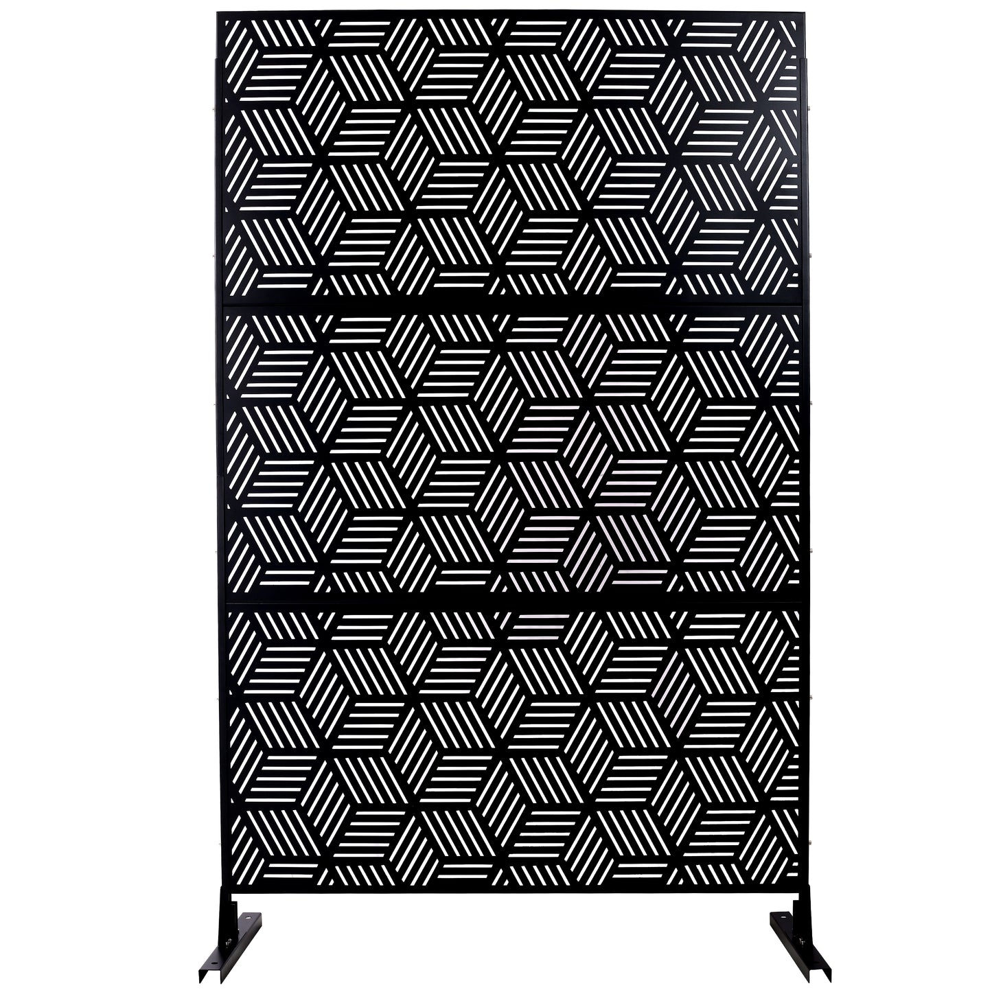 Black metal decorative screen with geometric cube pattern for patio privacy