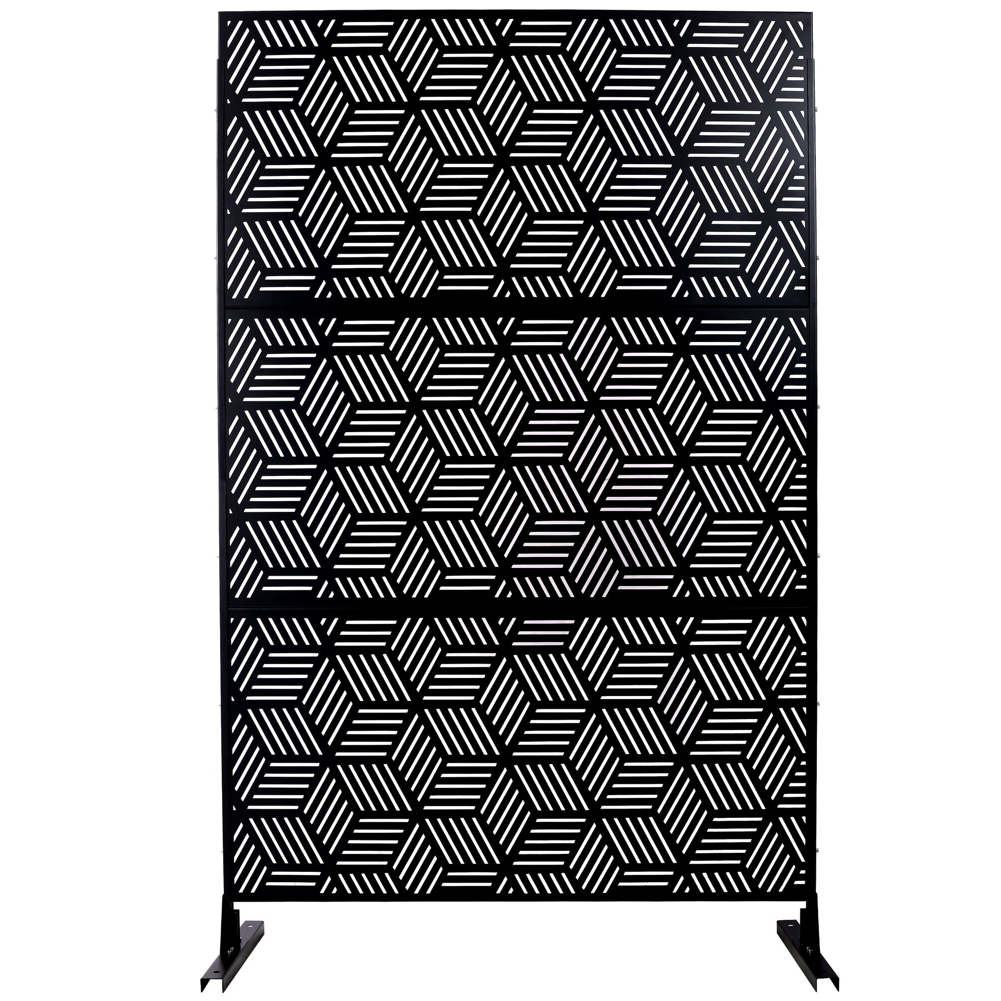 Black metal decorative screen with geometric cube pattern for patio privacy