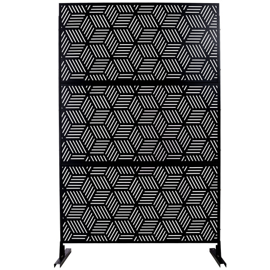 Black metal decorative screen with geometric cube pattern for patio privacy