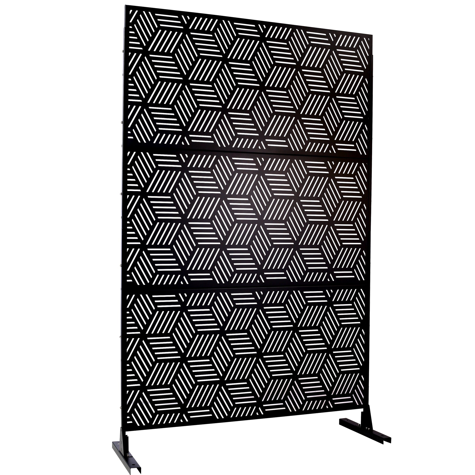 Black metal privacy screen with geometric cutouts ideal for outdoor patios
