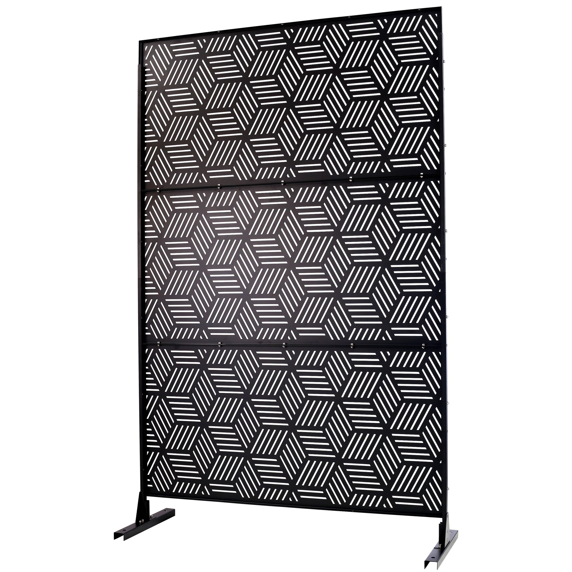 Black metal privacy screen with geometric hexagonal pattern for outdoor use