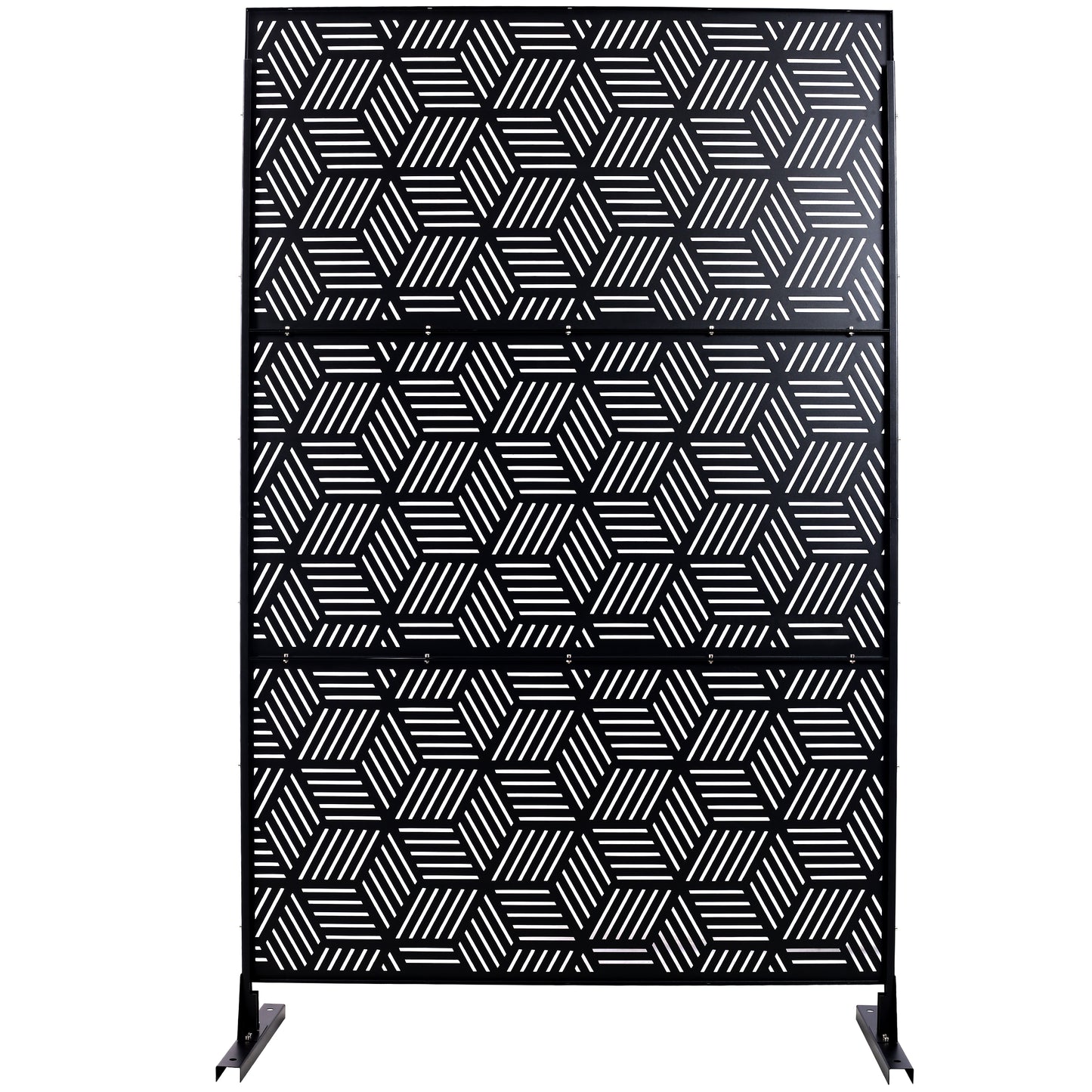 Black outdoor privacy screen with geometric line pattern for garden patios