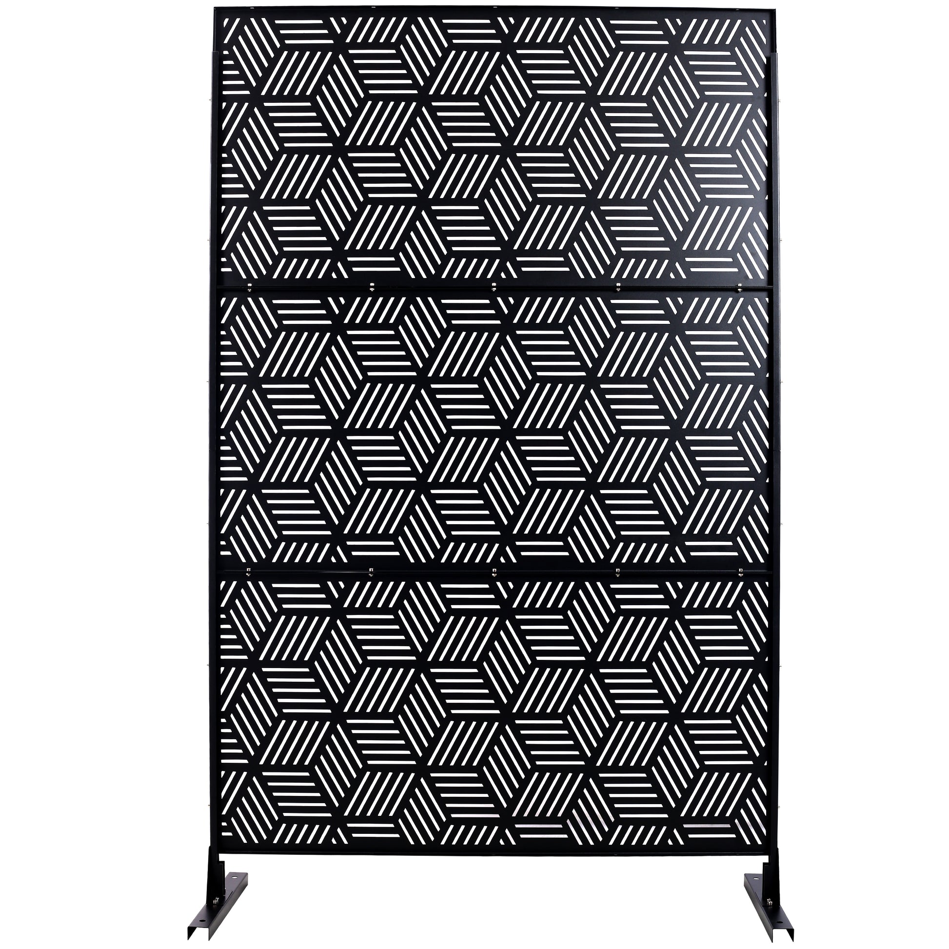 Black outdoor privacy screen with geometric line pattern for garden patios