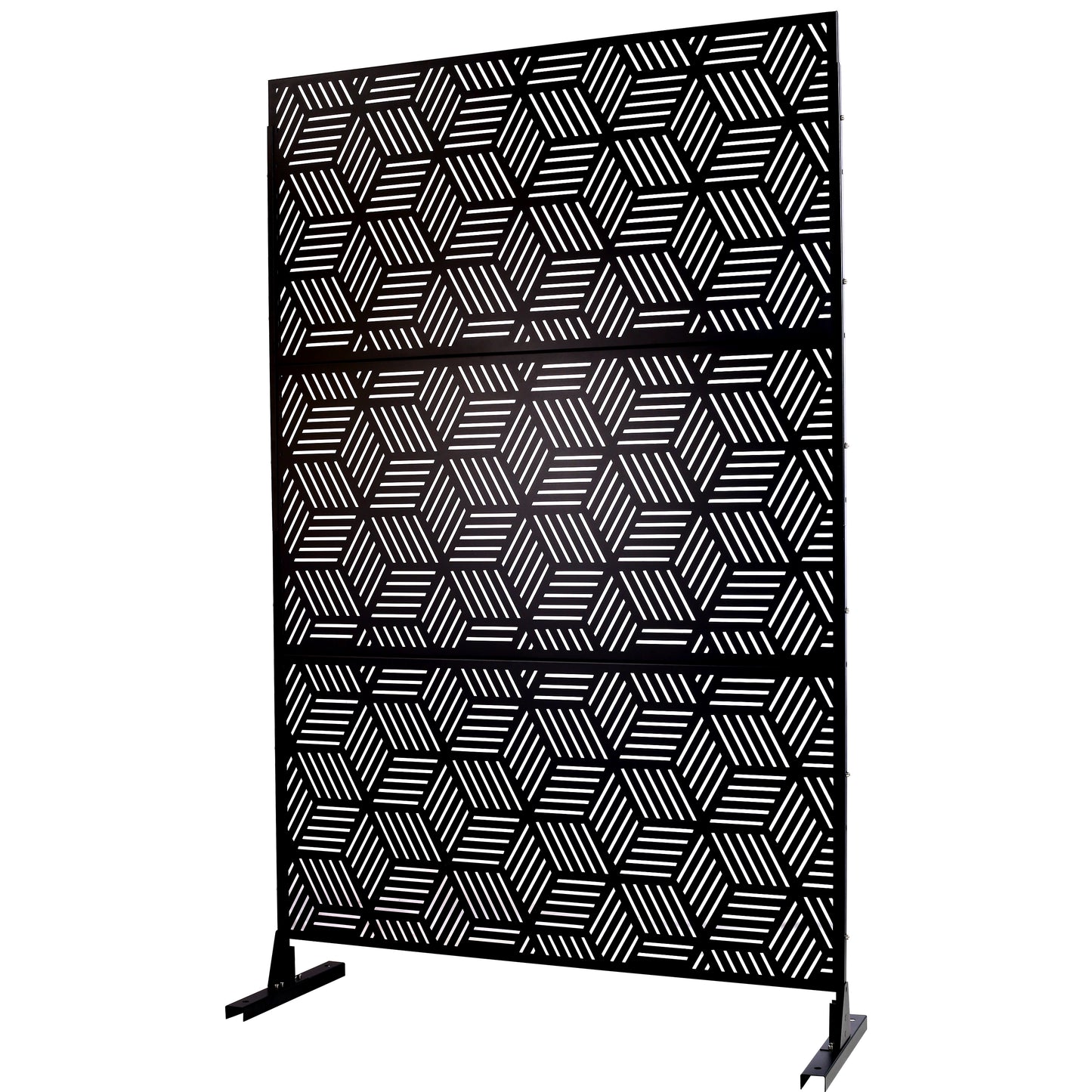 Black metal garden screen with a modern geometric cube pattern ideal for outdoor privacy