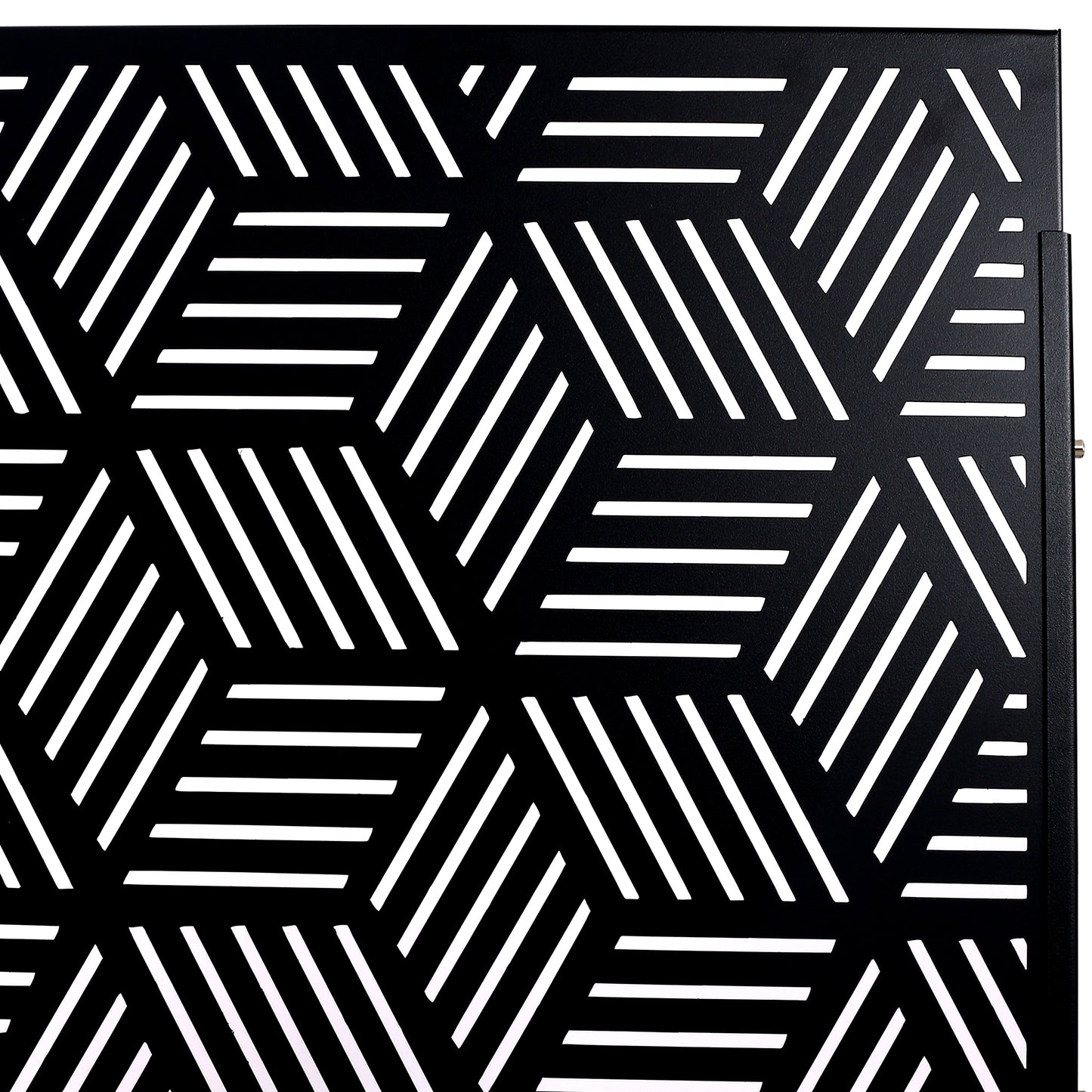 Black geometric metal panel with modern linear cutout design perfect for privacy screens