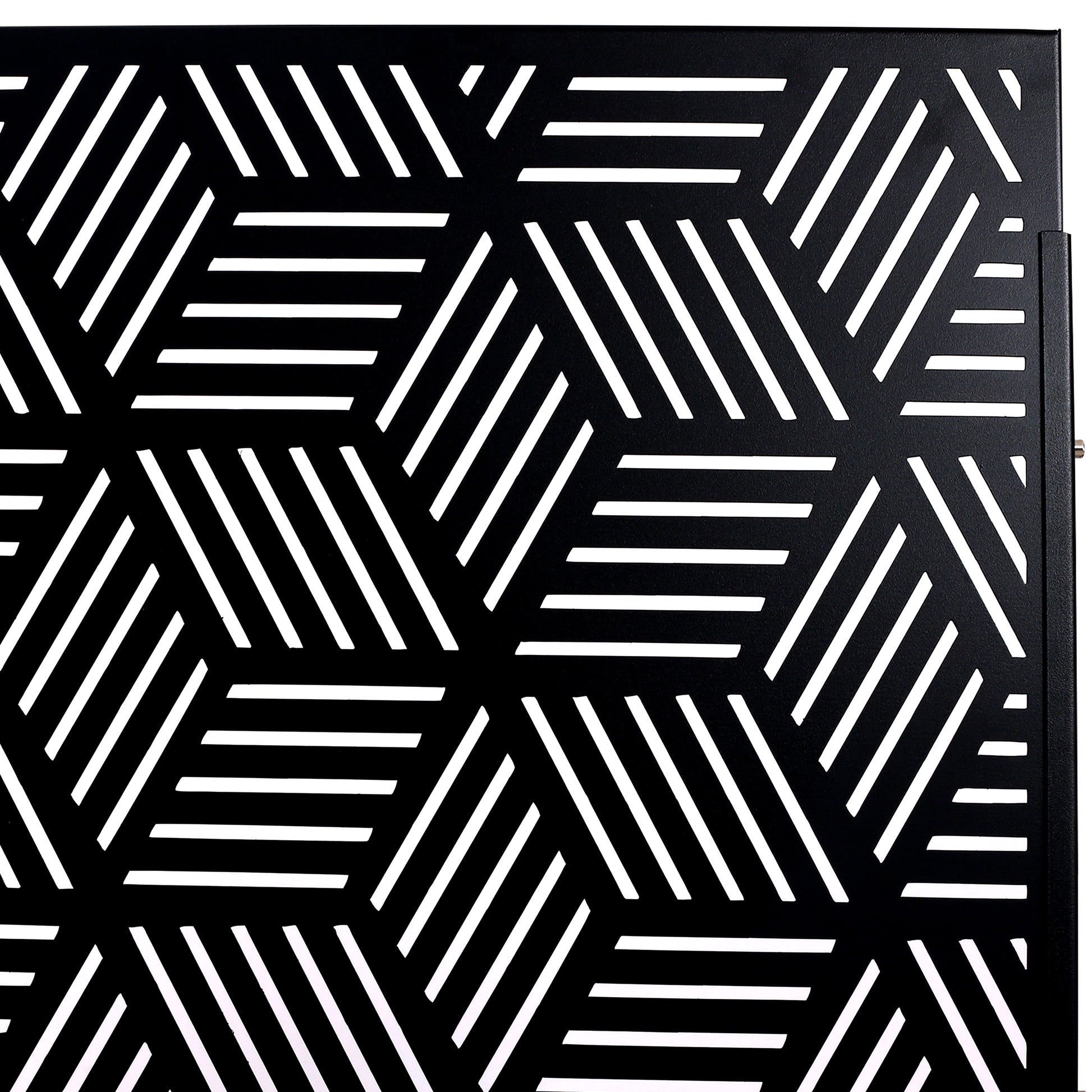 Black geometric metal panel with modern linear cutout design perfect for privacy screens