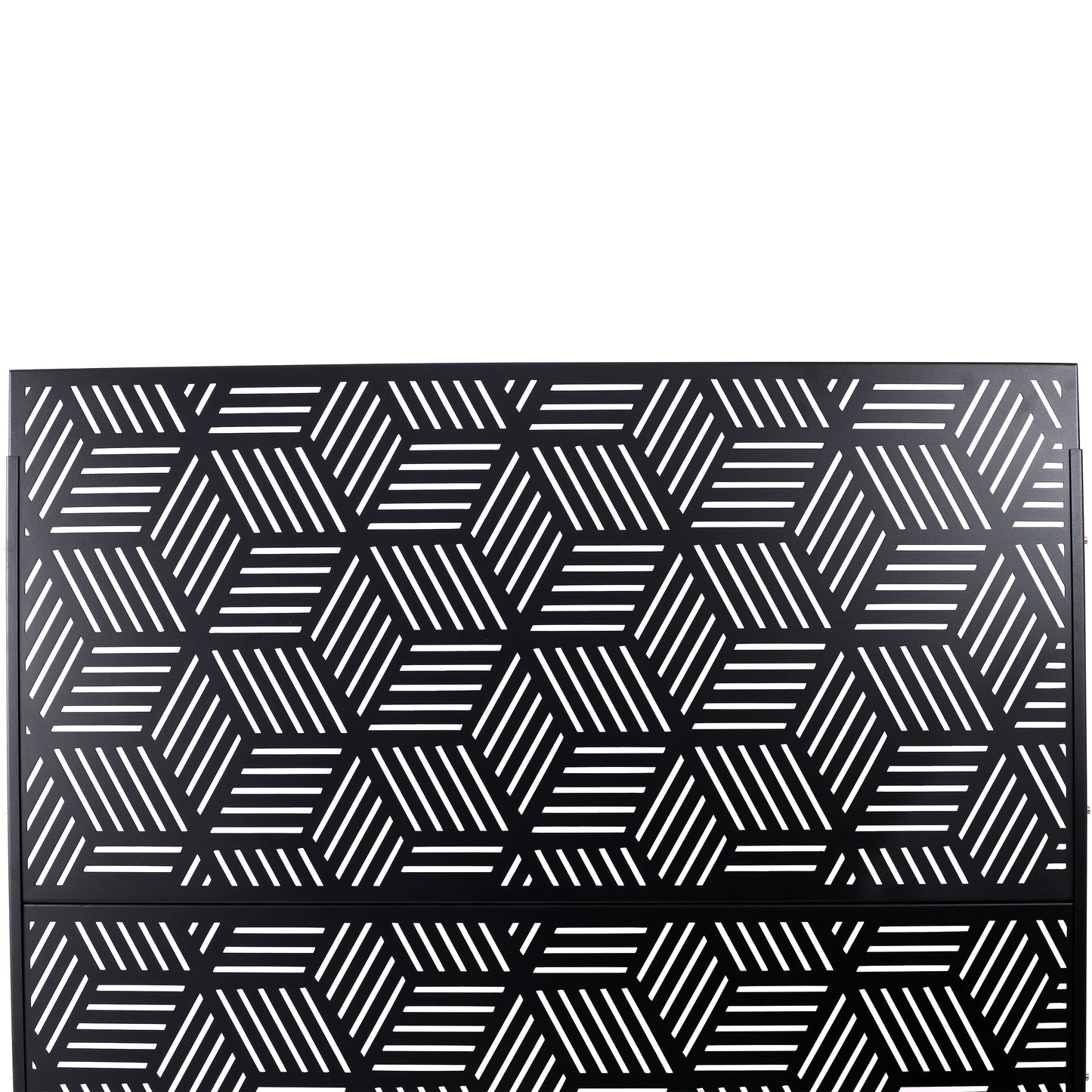 Black metal privacy screen with a geometric hexagonal pattern perfect for outdoor spaces