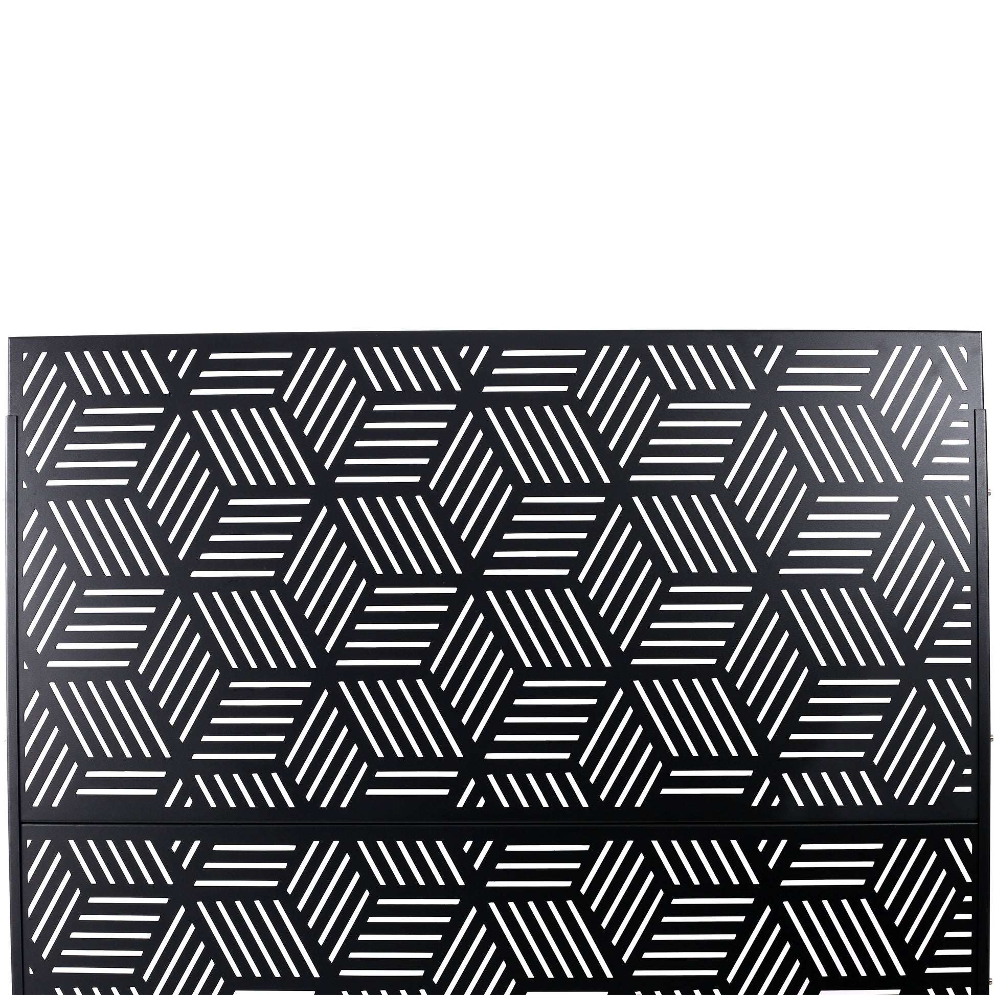 Black metal privacy screen with a geometric hexagonal pattern perfect for outdoor spaces