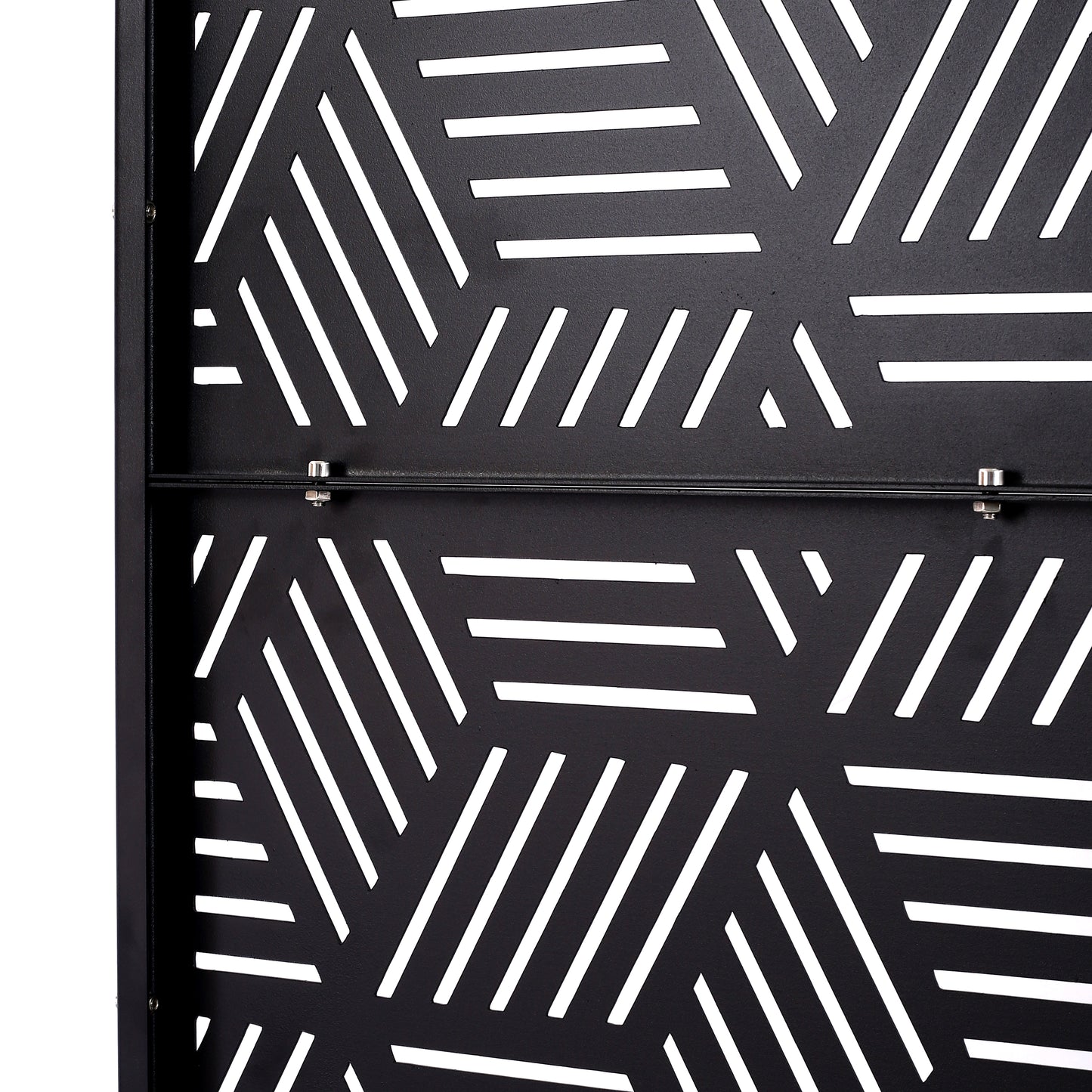 Black metal garden screen with modern geometric cutouts and parallel line design