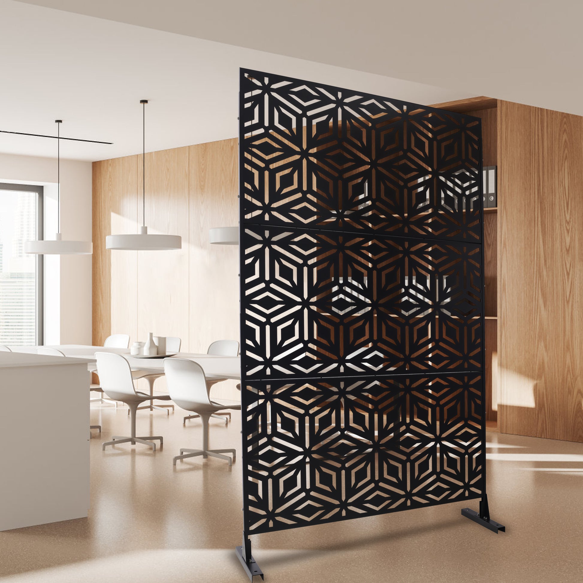 Black geometric room divider with intricate hexagonal patterns for stylish interior separation