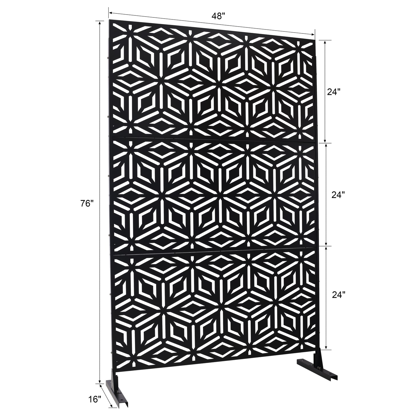 Black decorative screen with geometric patterns and metal frame