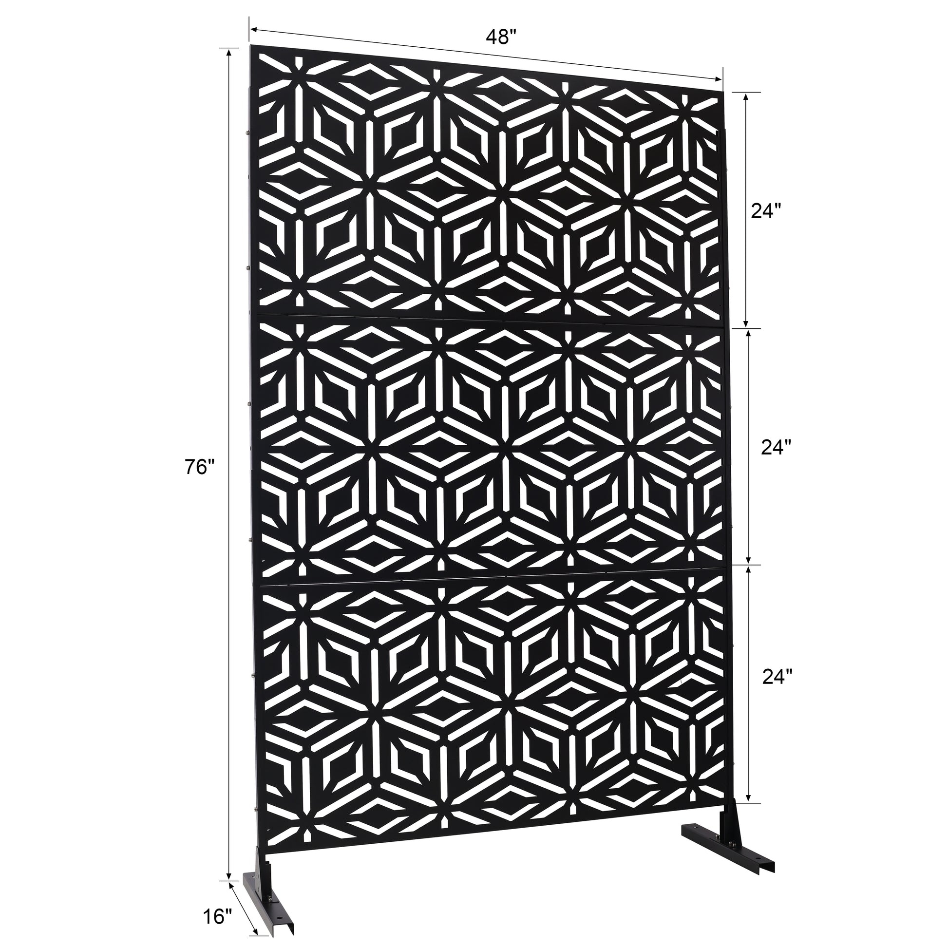 Black decorative screen with geometric patterns and metal frame