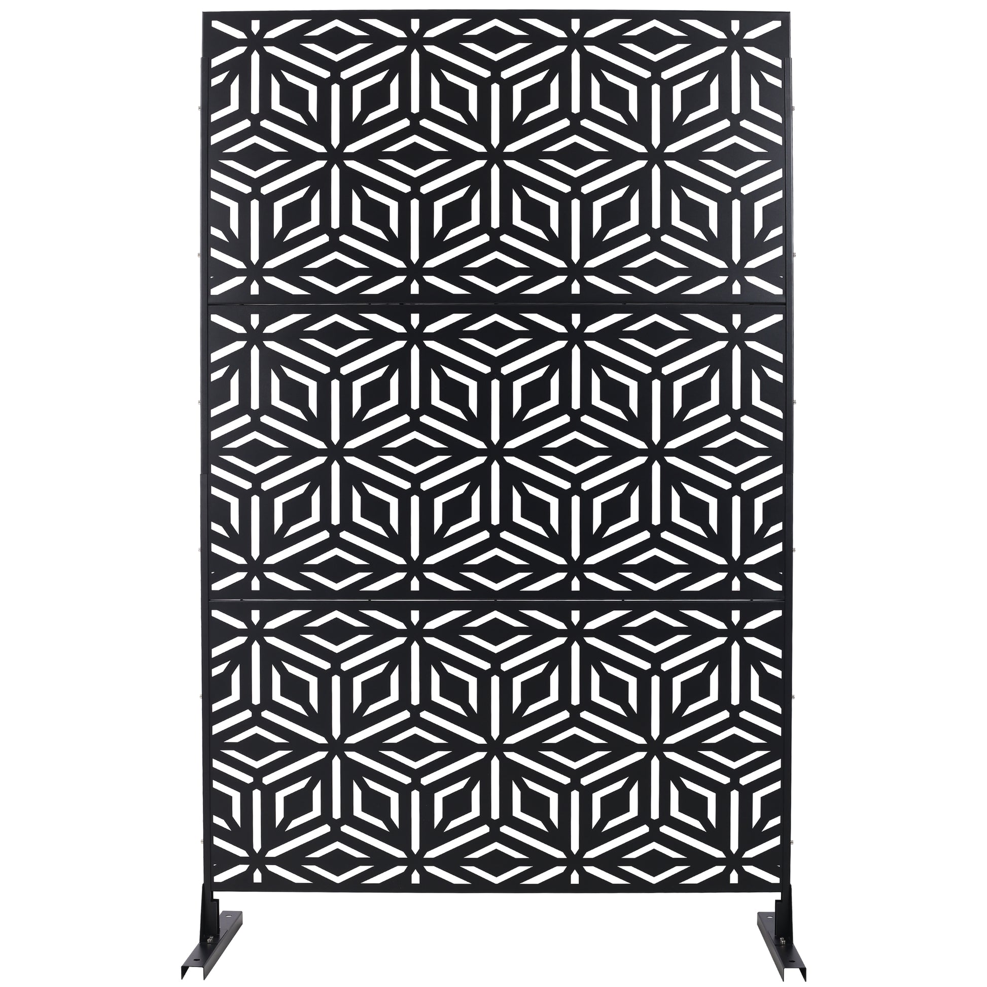 Black metal garden screen with geometric cutout pattern for outdoor privacy