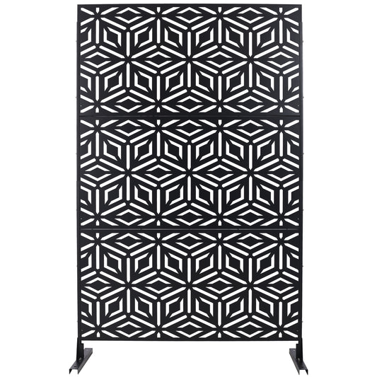Black metal garden screen with geometric cutout pattern for outdoor privacy