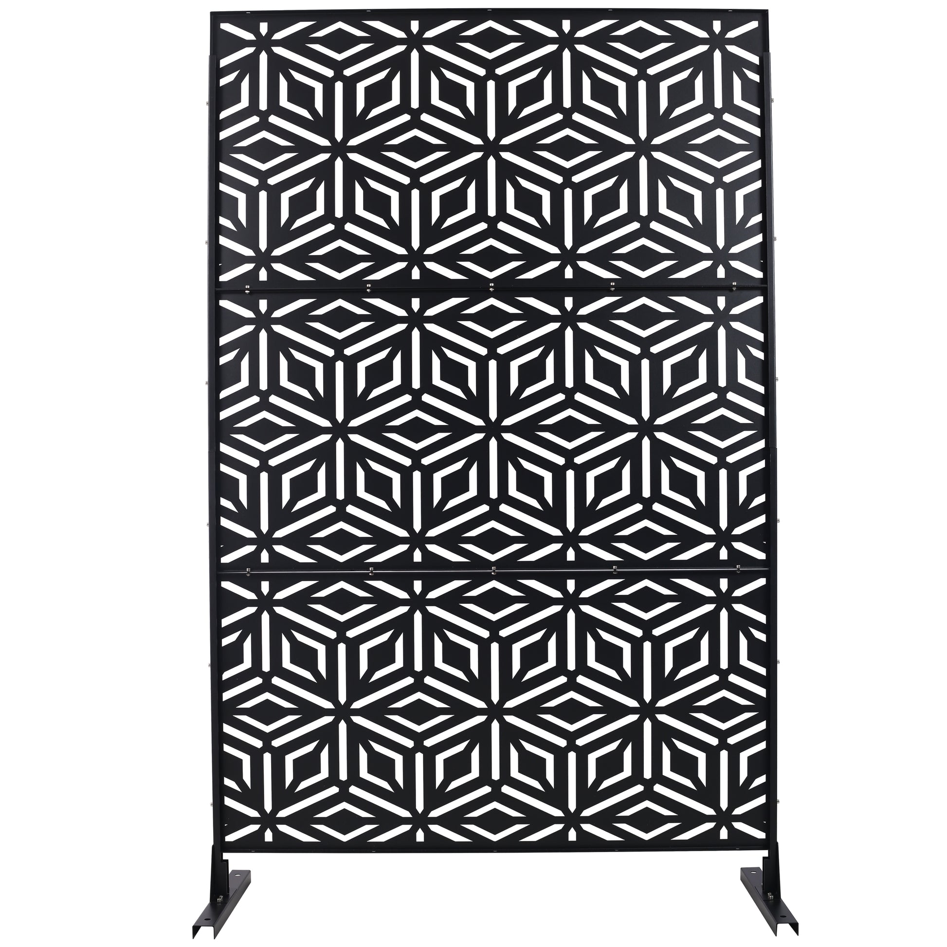 Black geometric metal garden screen with interlocking hexagonal pattern