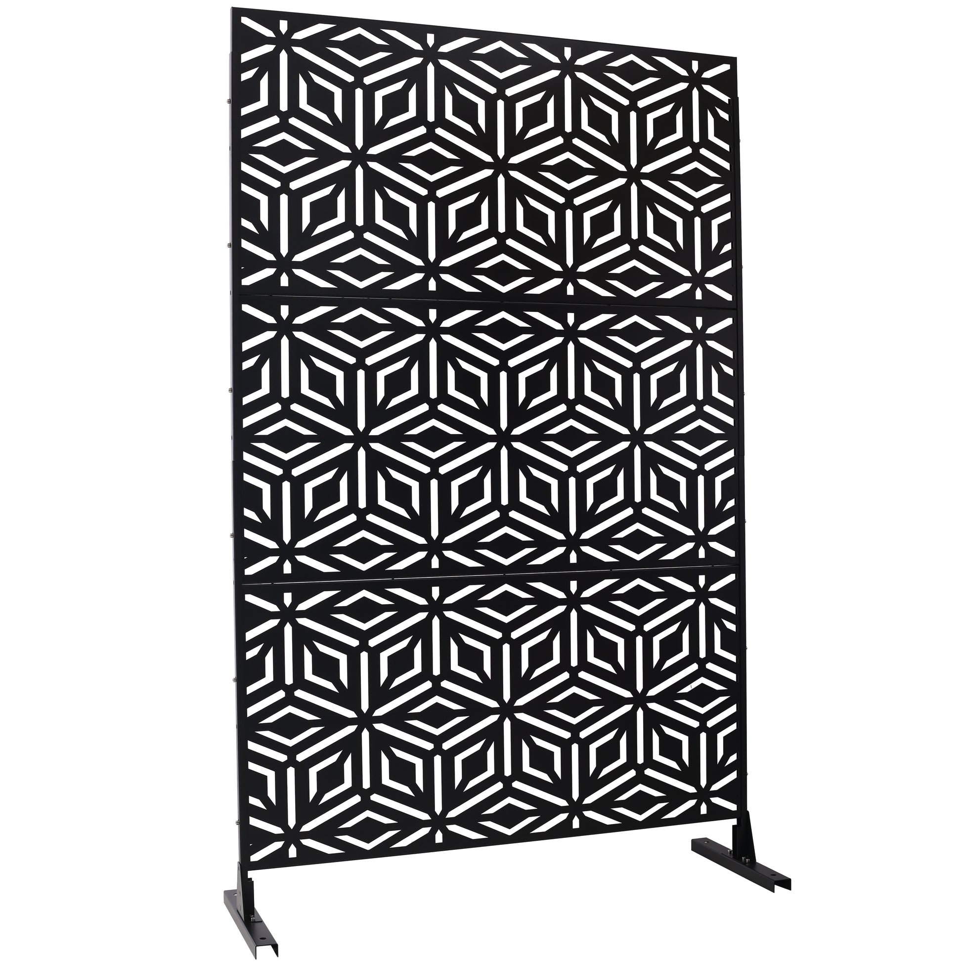 Black metal privacy screen with geometric starburst pattern ideal for gardens