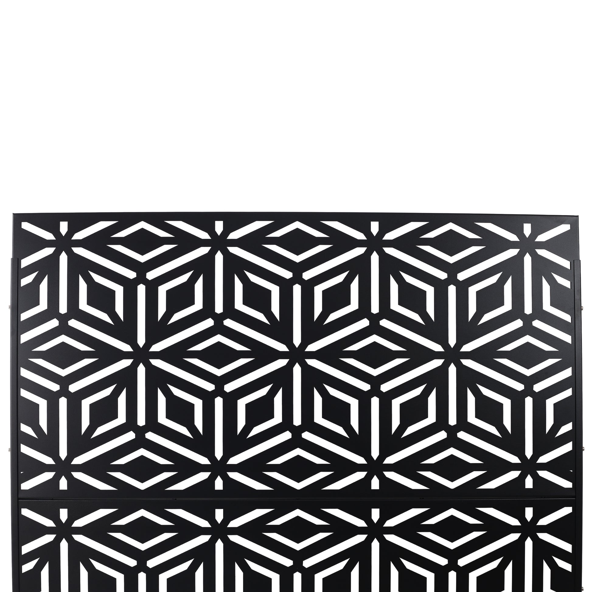 Black metal garden screen with a geometric hexagonal pattern offering privacy